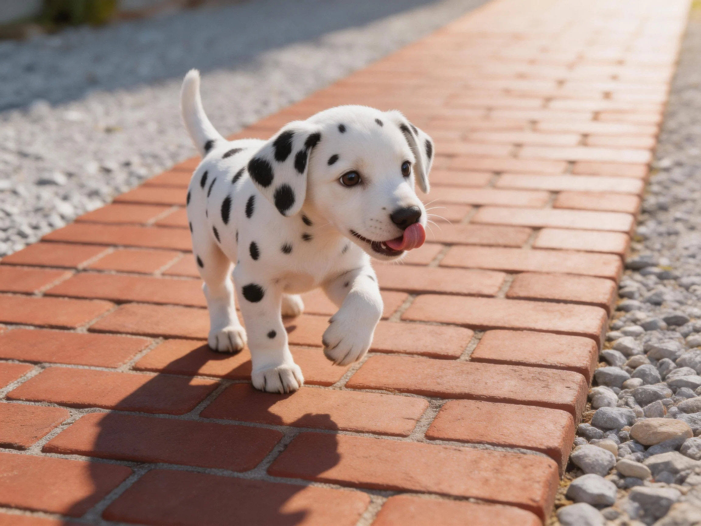 A playful Dalmatian puppy walks on reddish - brown brick pavement outdoors.