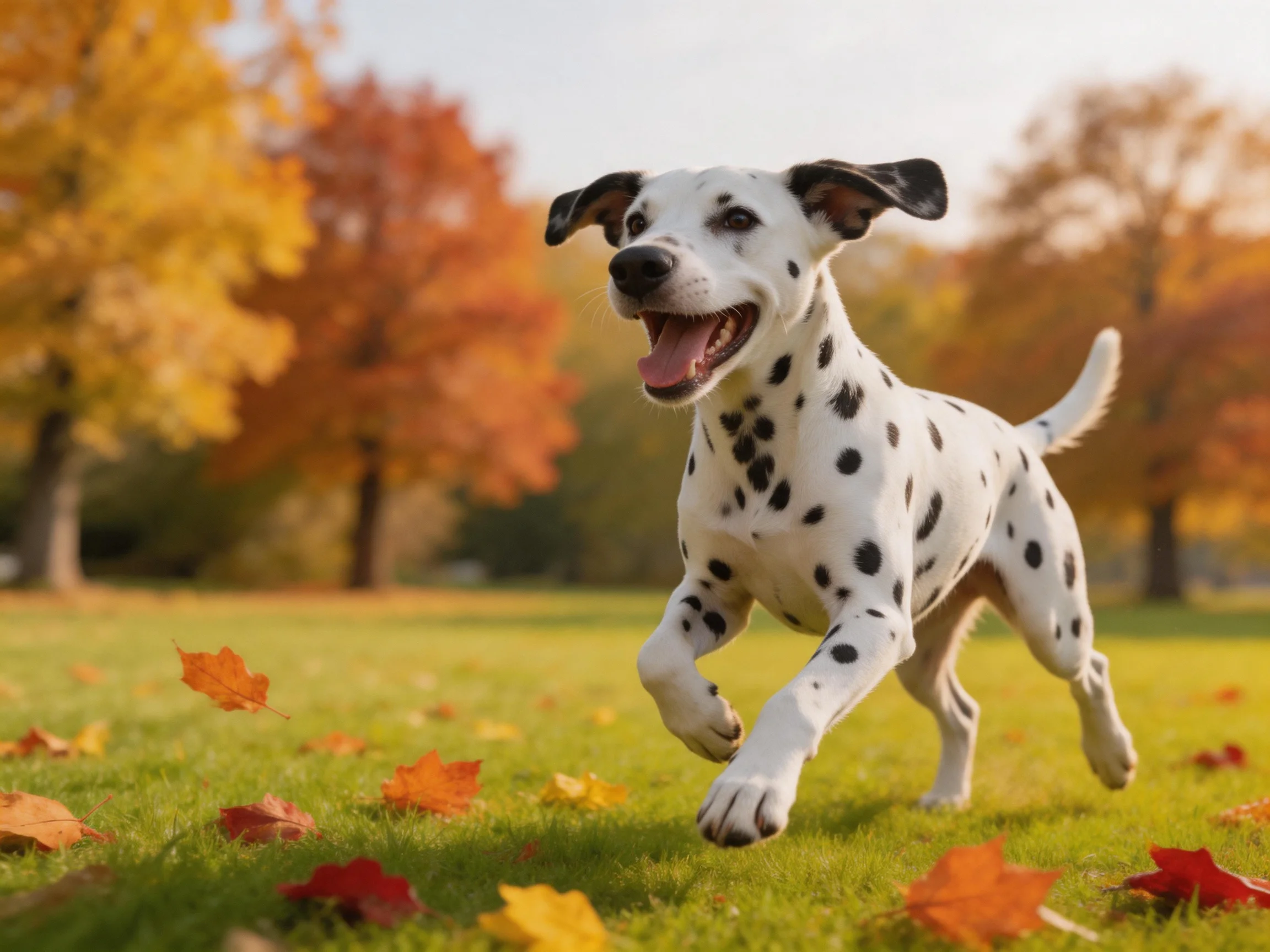 A Dalmatian joyfully runs among scattered autumn leaves in a sunlit park.