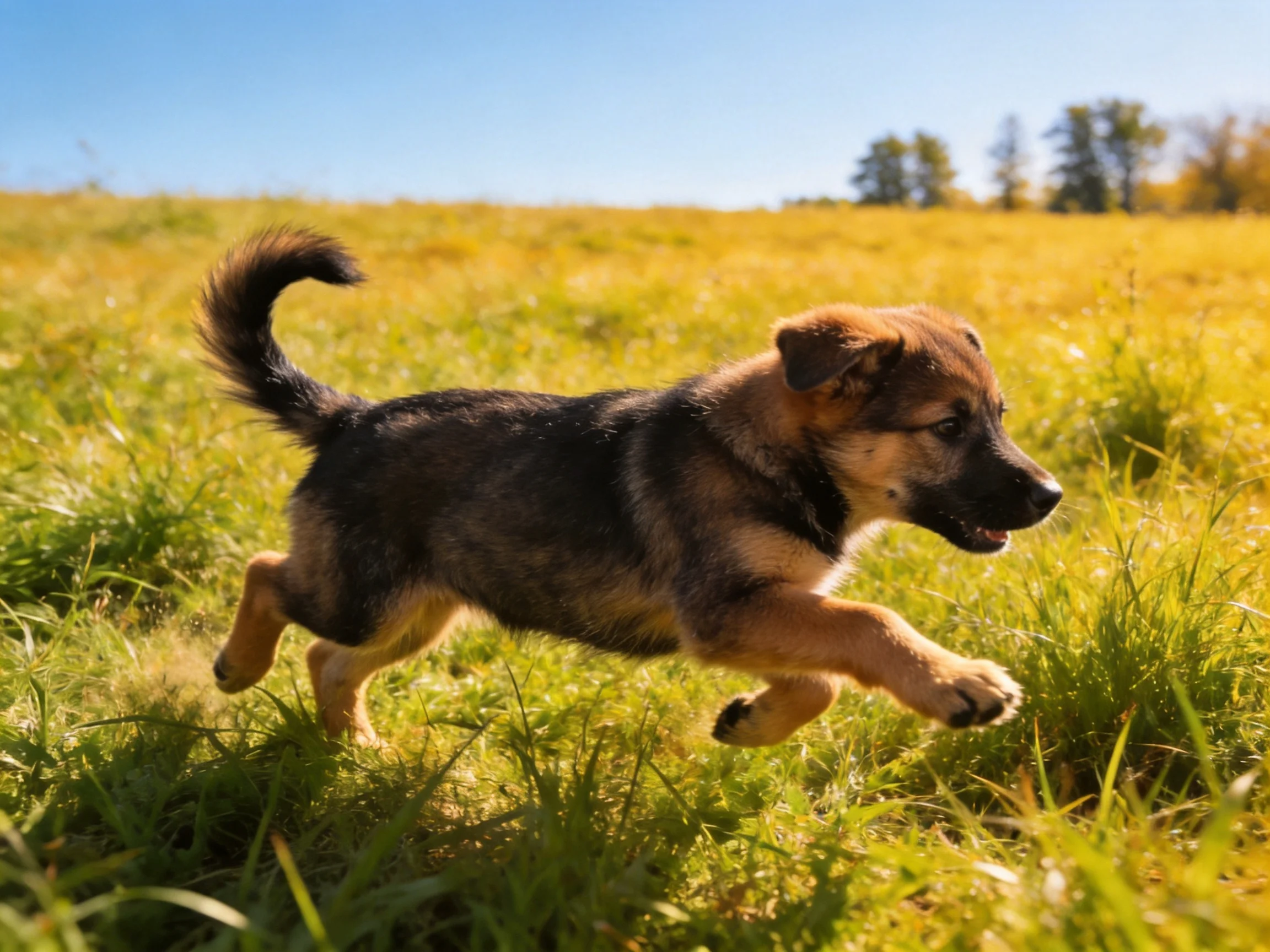 A playful German Shepherd puppy runs through golden grassy fields
