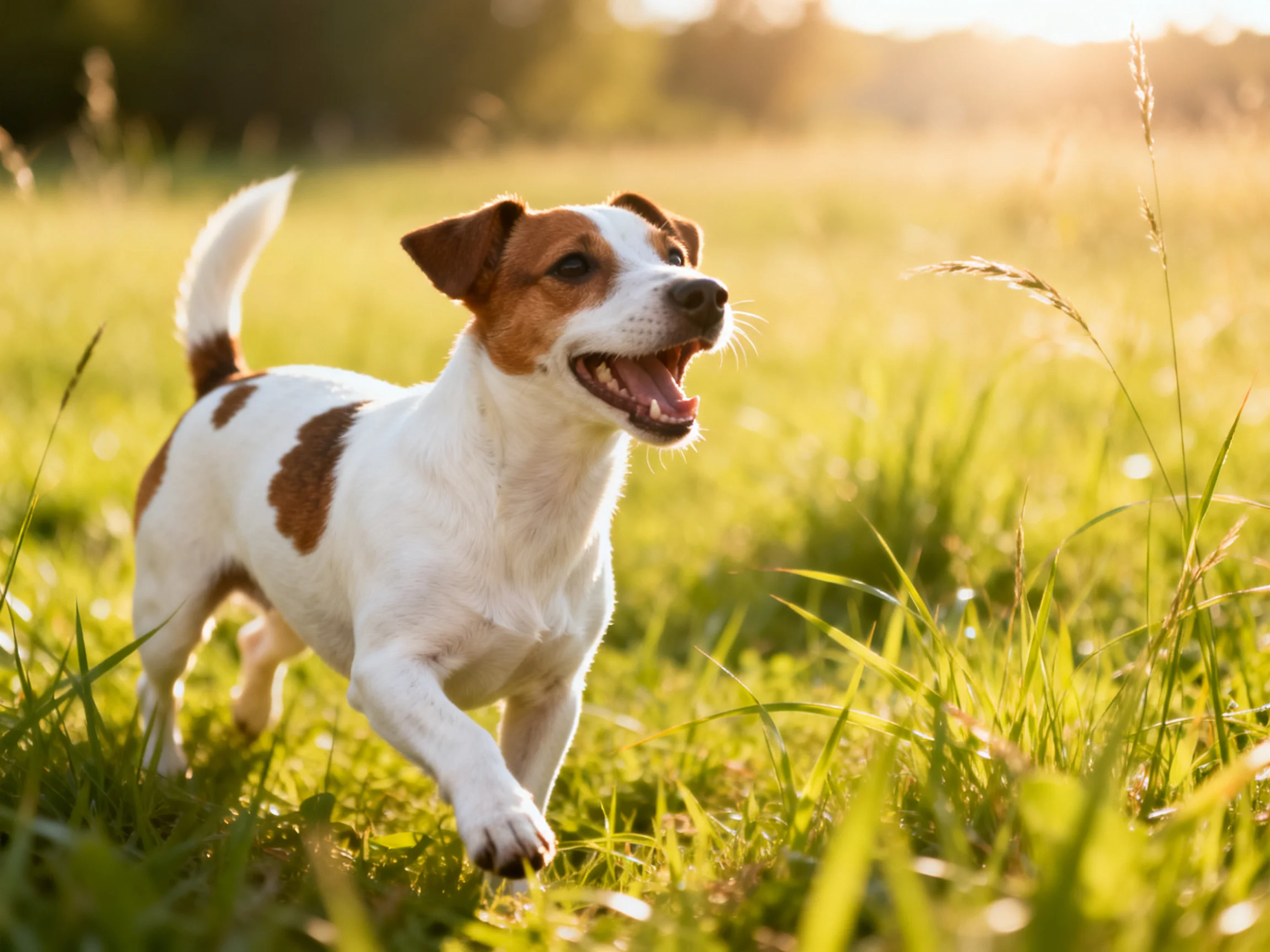 A playful Jack Russell terrier dashes through sun-drenched meadow