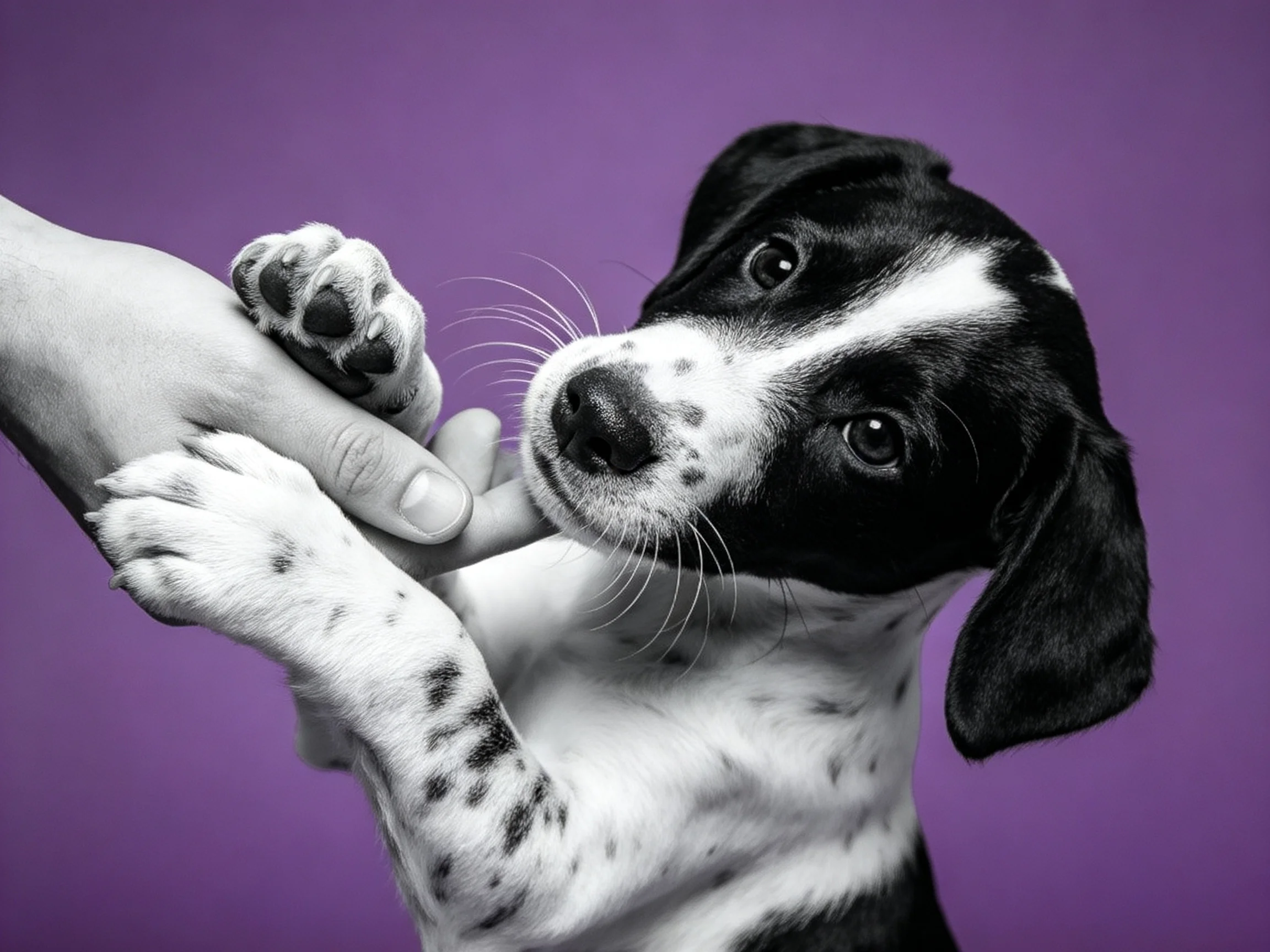 A playful black - white spotted puppy gripping a human hand on a purple backdrop