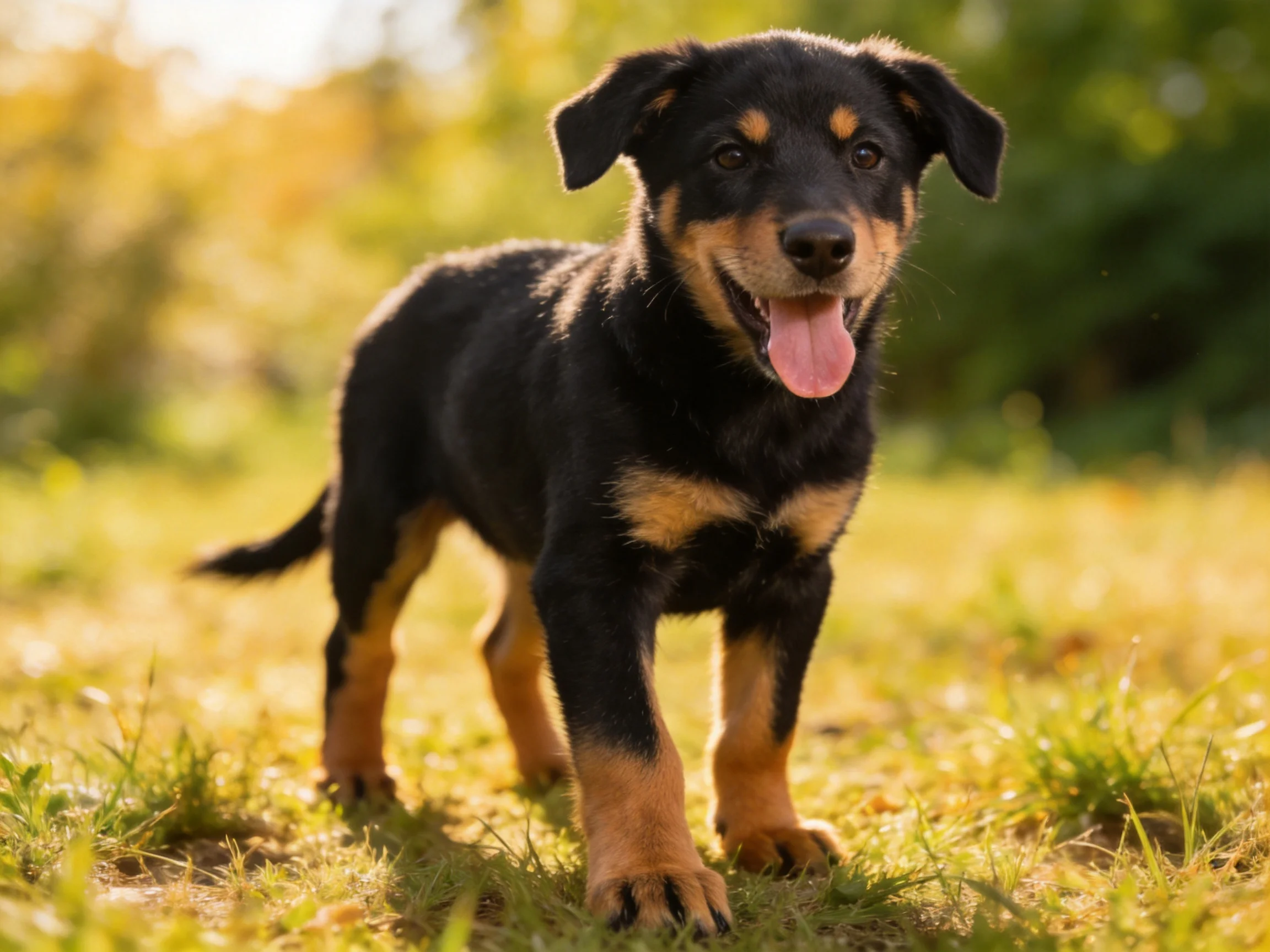 A playful black and tan puppy on sunlit grass