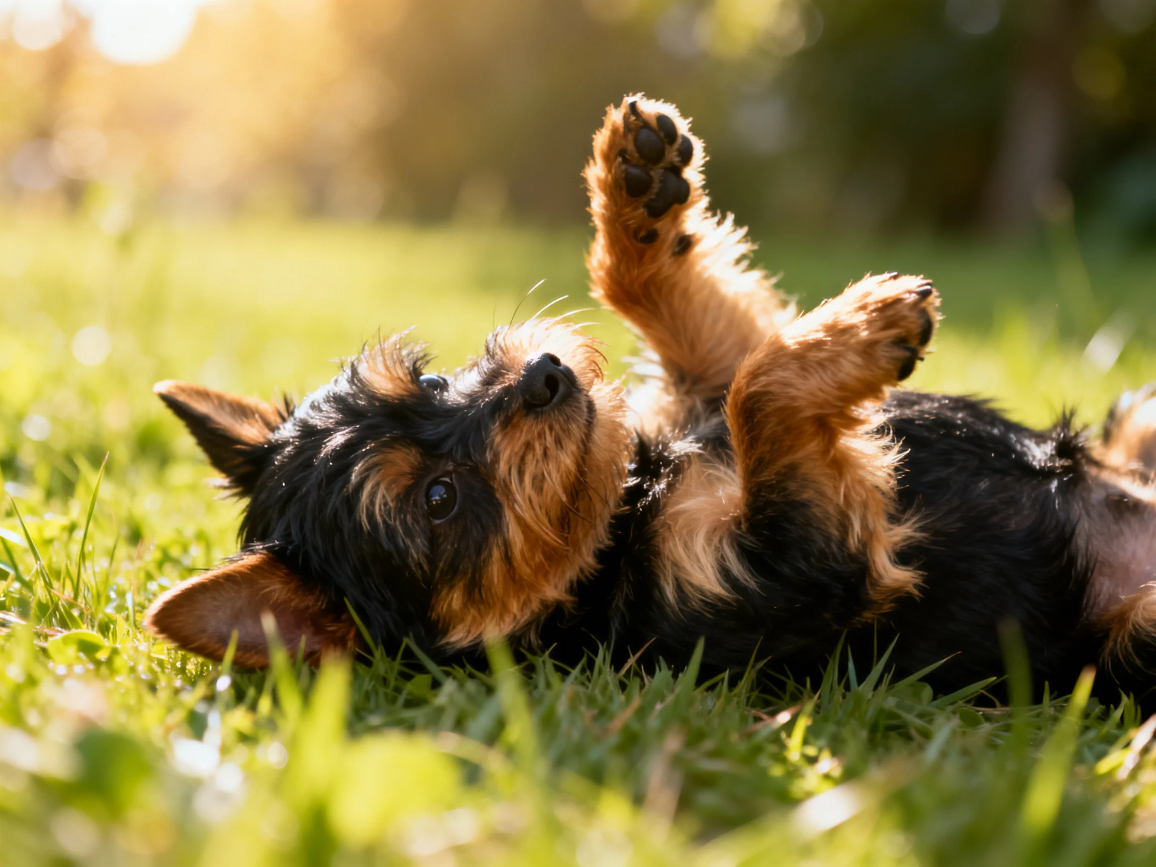 A playful black and tan puppy rolls on sun-drenched green grass