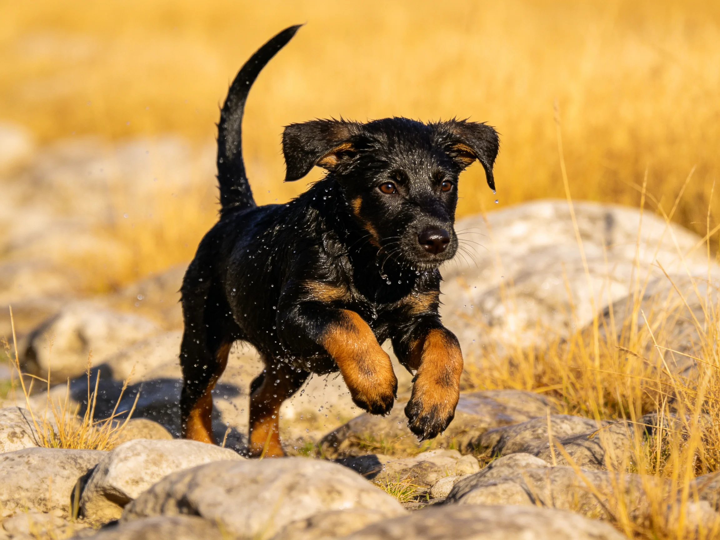 A playful black and tan puppy runs over rocks in golden grass