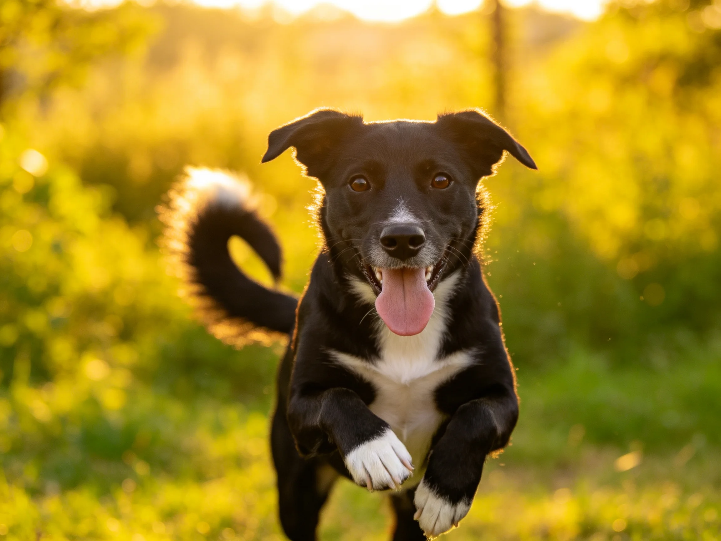 A playful black-and-white dog leaping through a sunlit green meadow