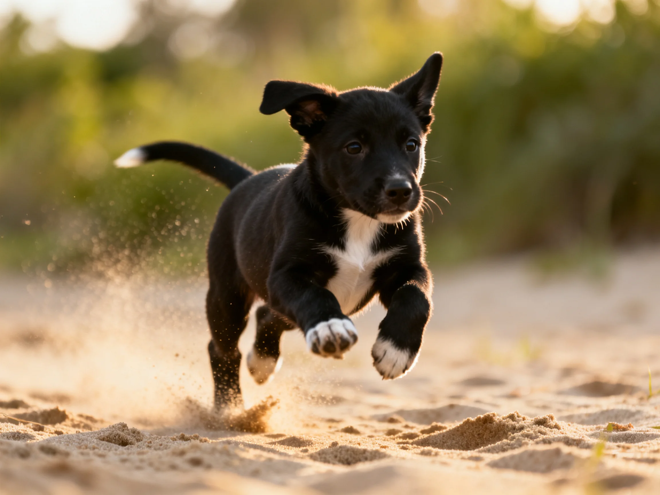 A playful black and white puppy runs through sandy terrain