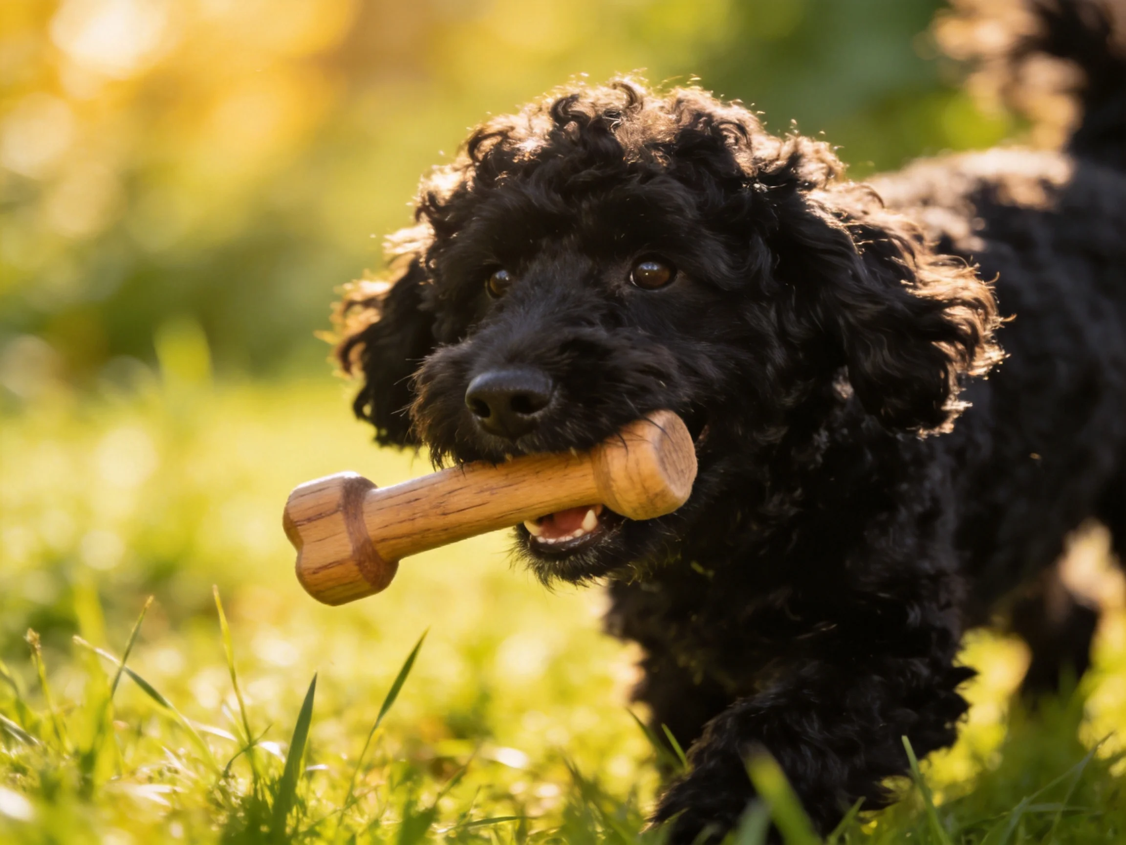 A playful black dog carrying a wooden bone toy outdoors