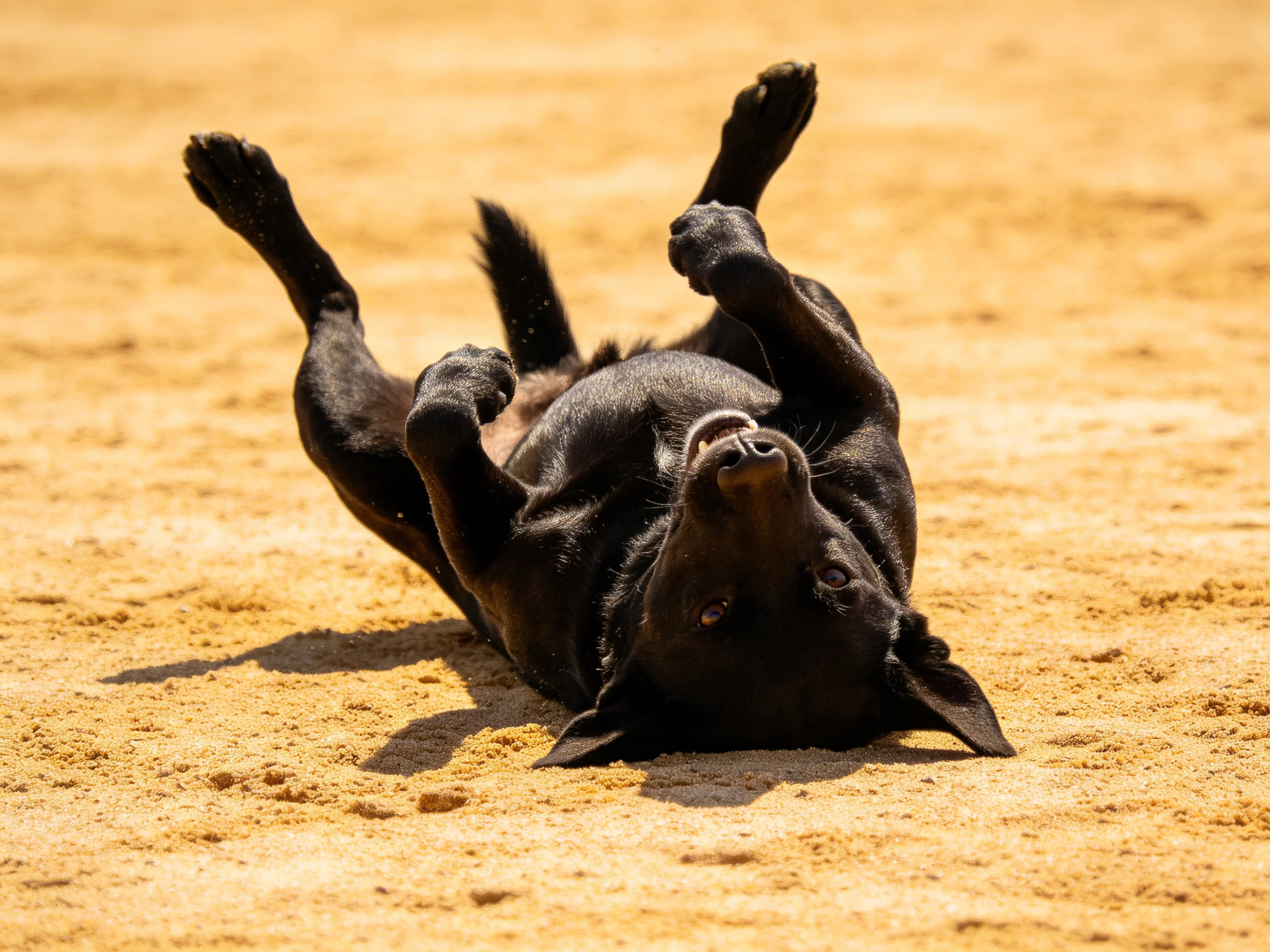 A playful black dog rolls joyfully on golden sandy terrain