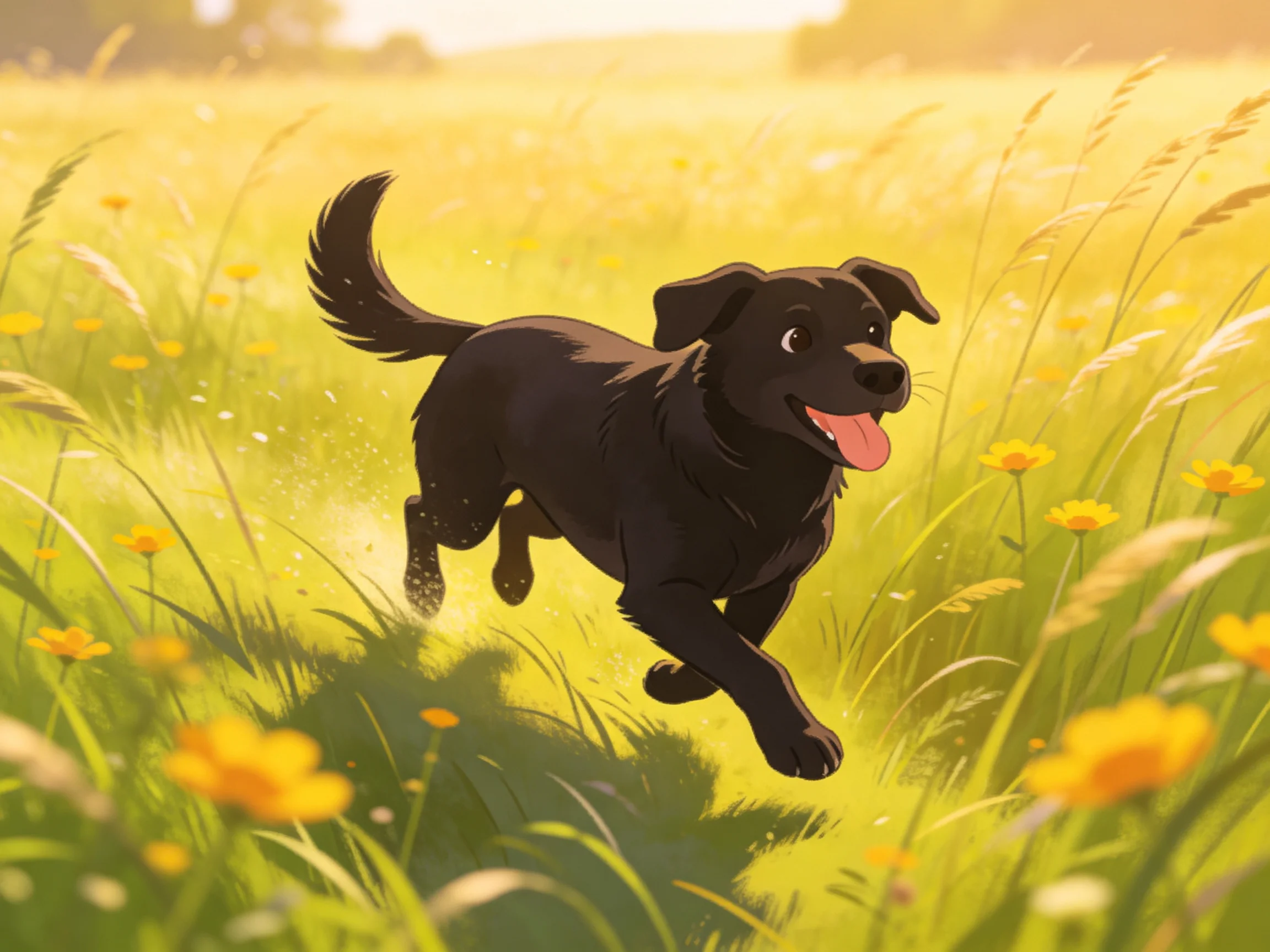 A playful black dog runs through a sunlit yellow flower meadow