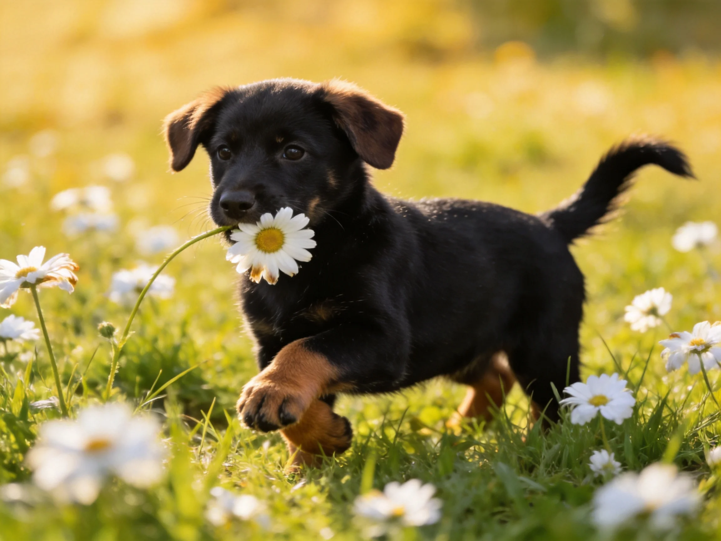 A playful black puppy carrying a white daisy in a sunlit meadow