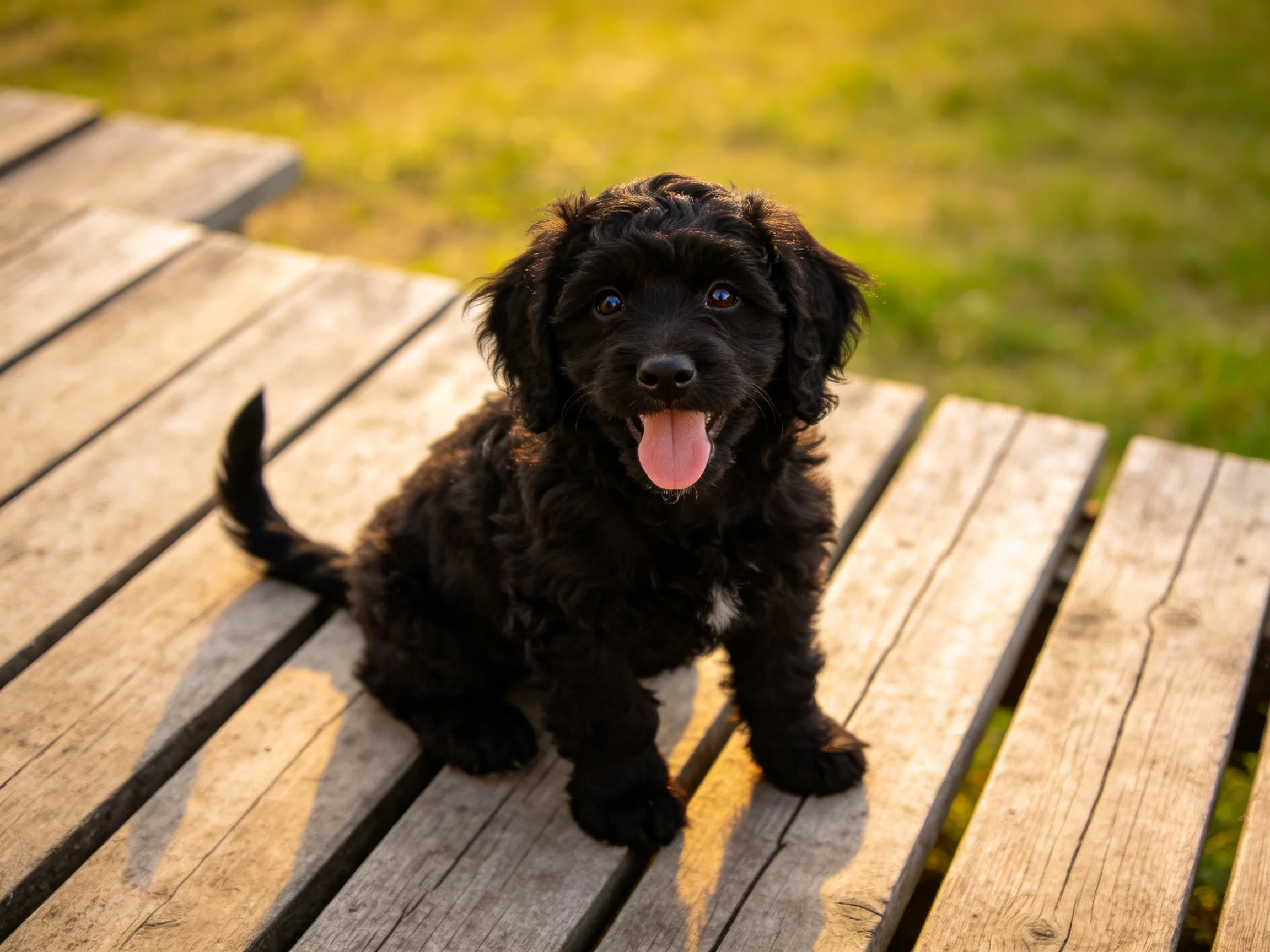 A playful black puppy sits on weathered wooden planks near green grass
