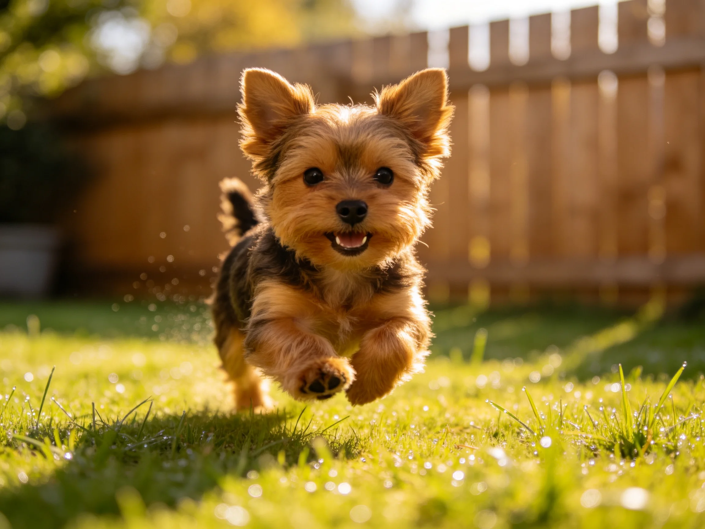 A playful brown and tan terrier puppy runs on sunlit green grass near a wooden fence