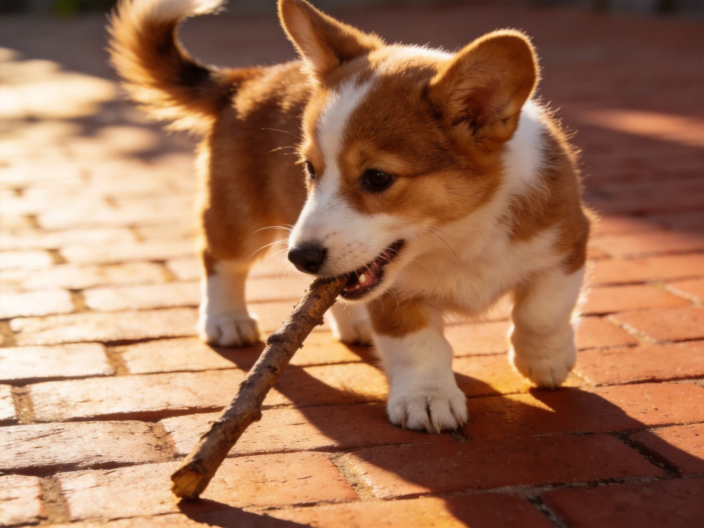 A playful brown-and-white corgi puppy carries a thick wooden stick