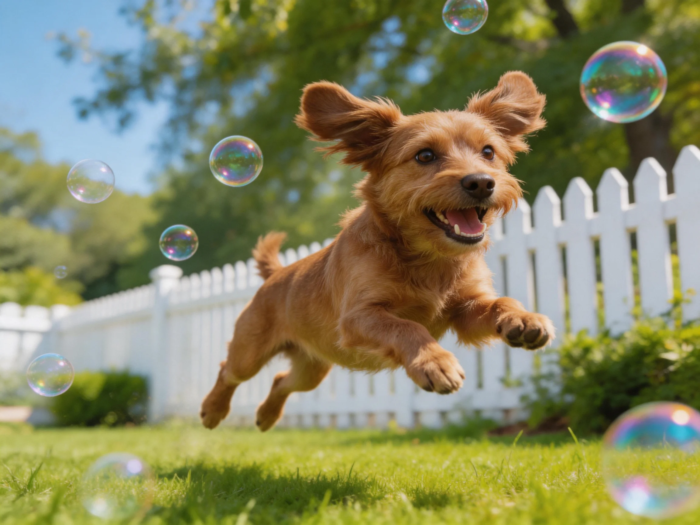 A brown dog jumps toward floating soap bubbles in a sunlit yard.