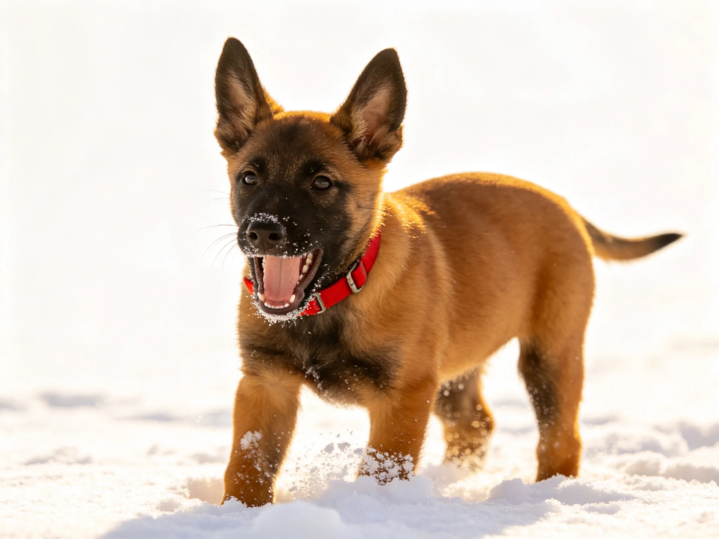 A playful brown puppy with a red collar explores snowy terrain