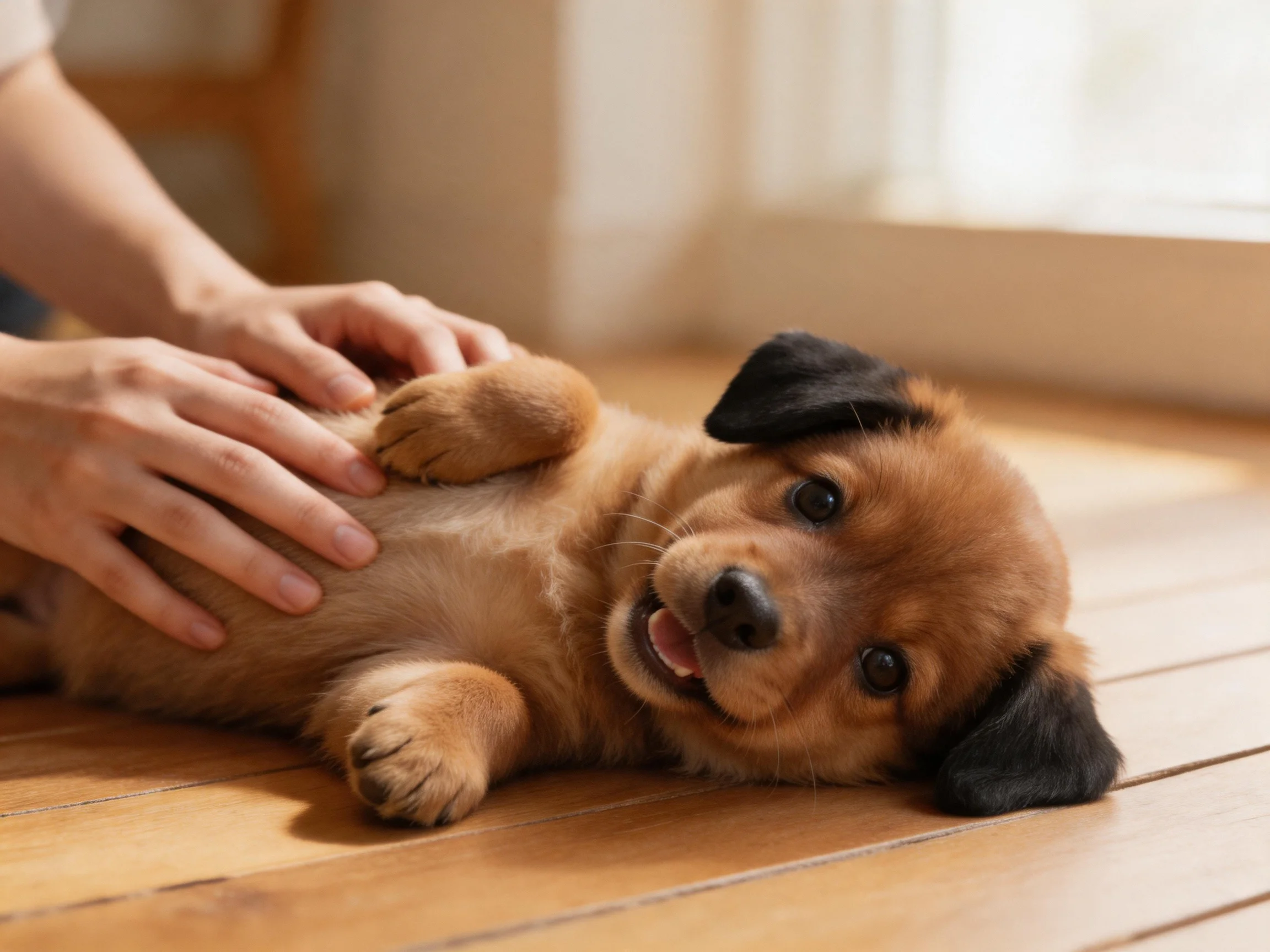 A playful brown puppy with black ears lies on a wooden floor while being petted