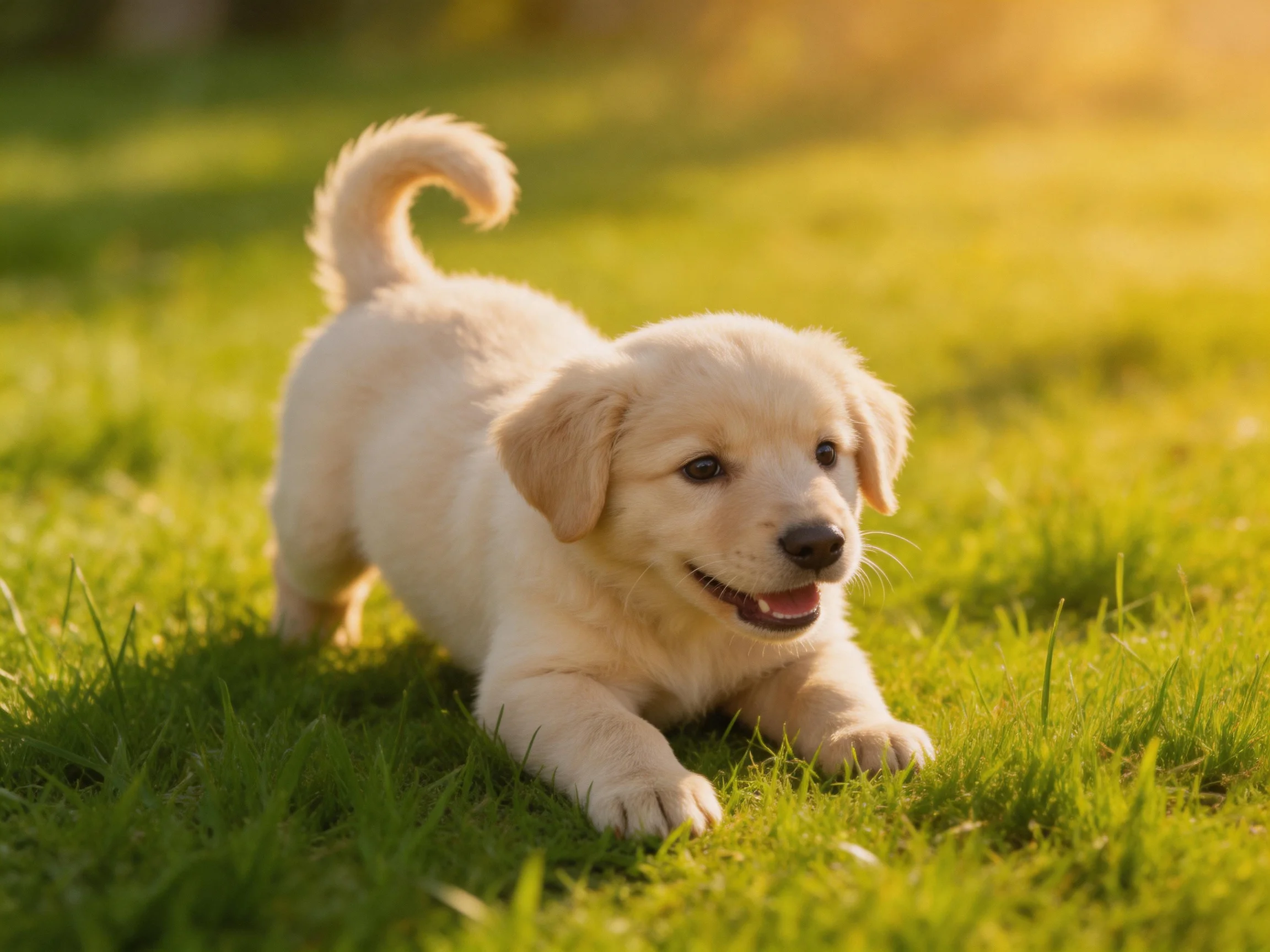 A playful cream-colored puppy exploring lush green grass