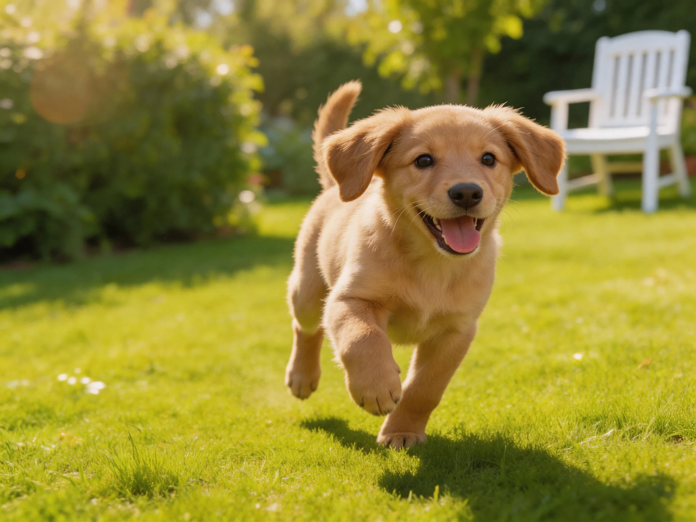 A playful golden retriever puppy running on lush green lawn