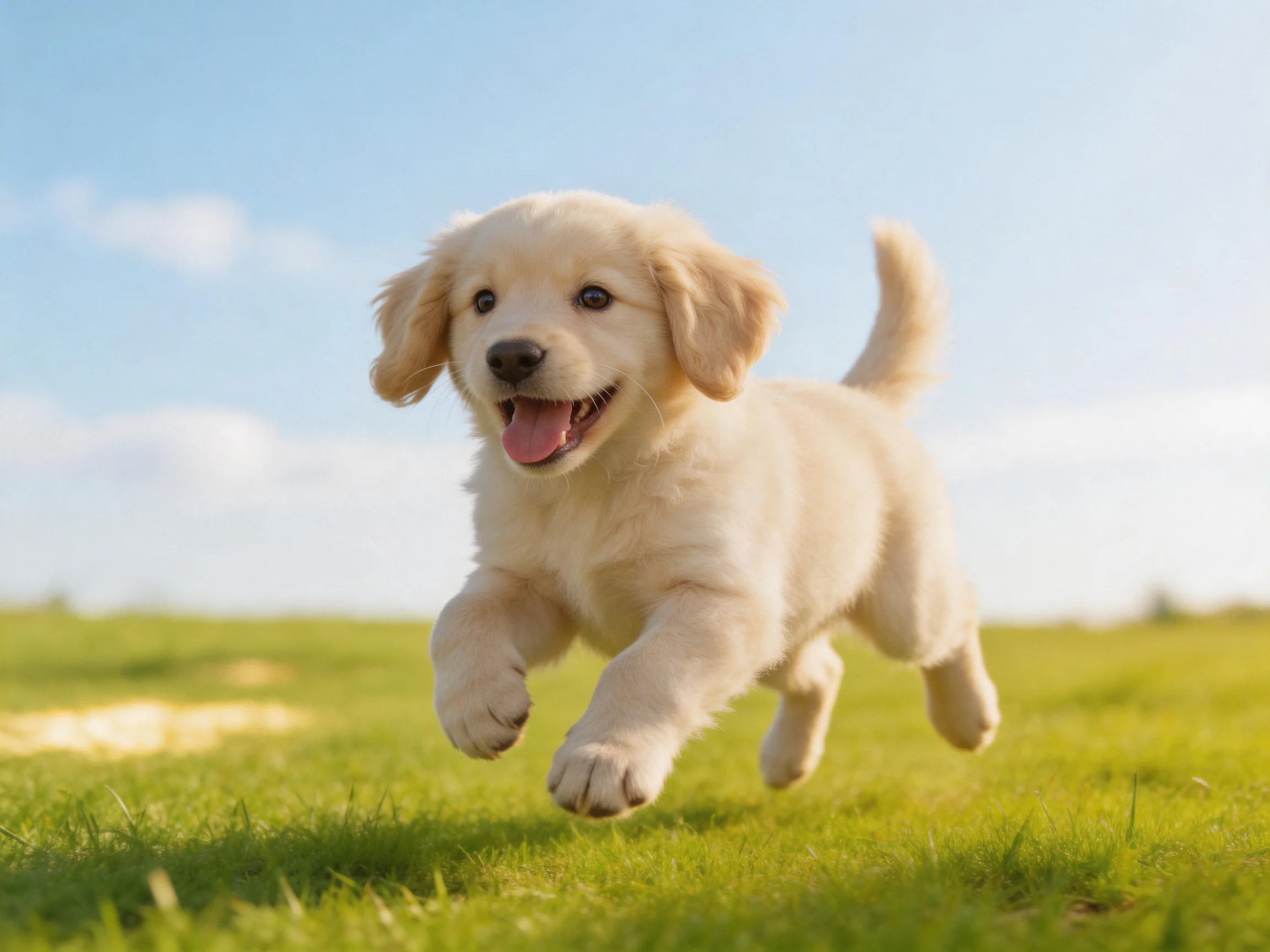 A playful golden retriever puppy running through a bright green meadow