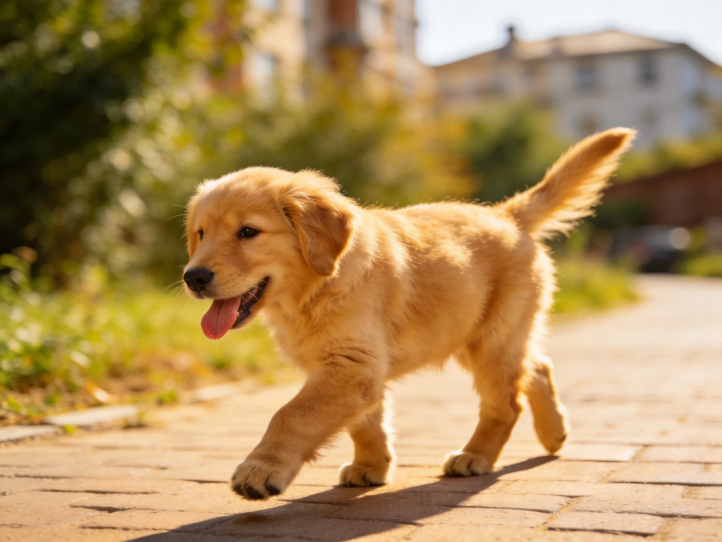 A playful golden retriever puppy walking on a sunlit brick path