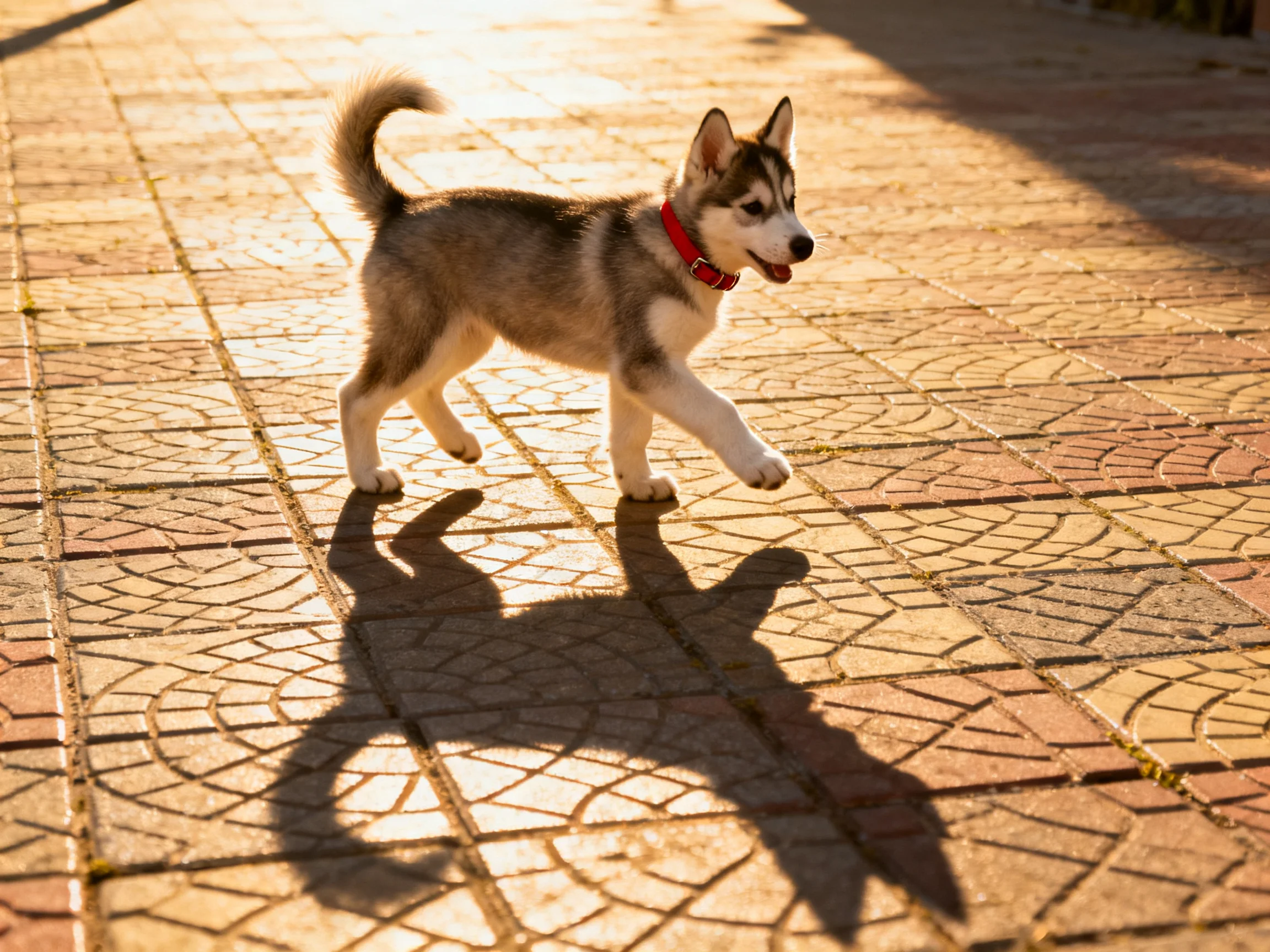 A playful husky puppy trots across sunlit brick pavement.