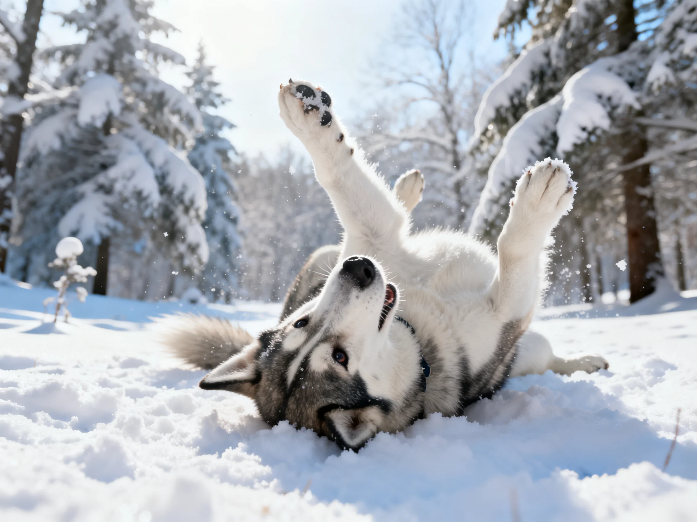 A playful husky rolling in fresh white snow among snowy trees