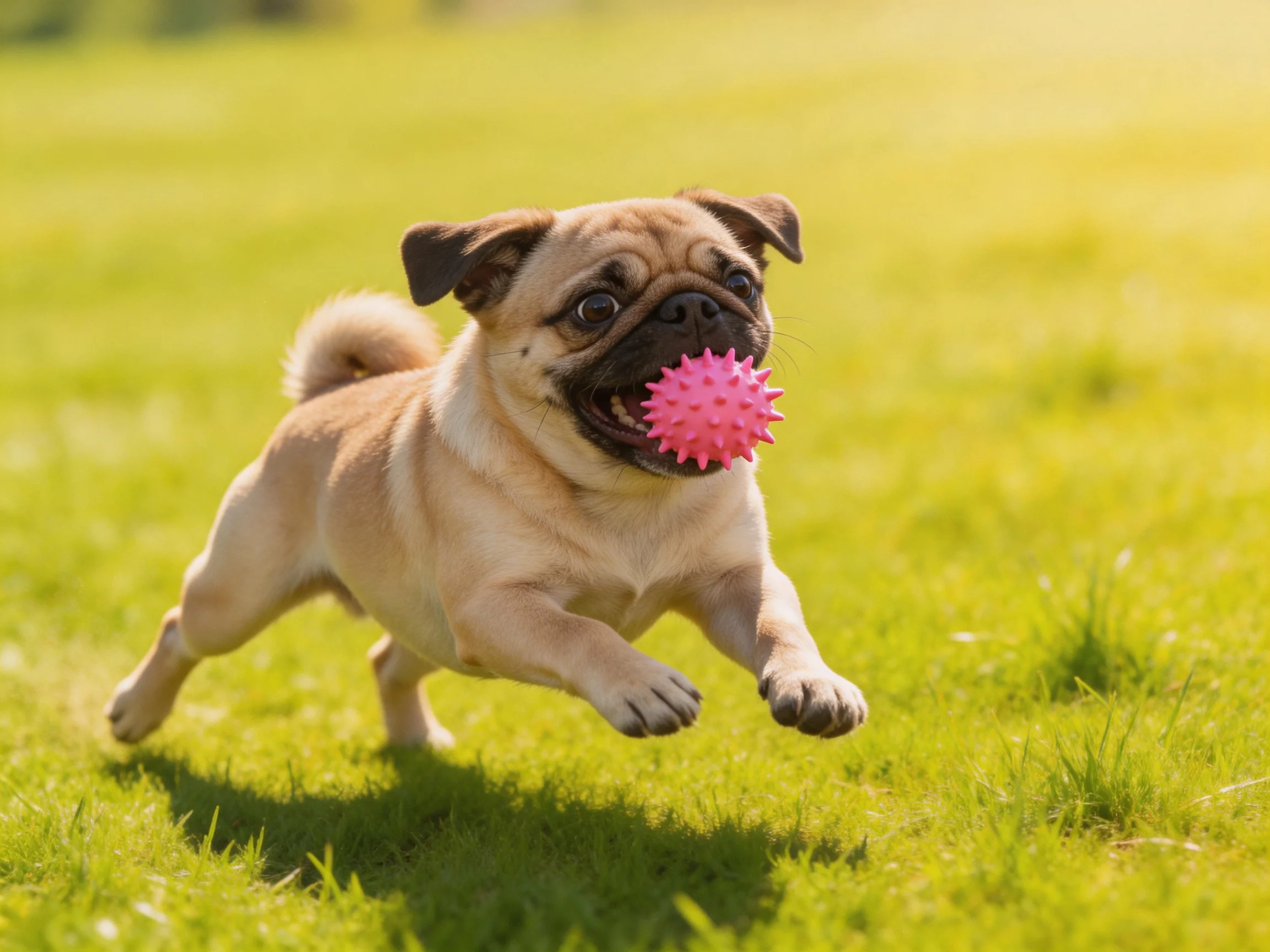 A pug dog joyfully runs across green grass carrying a pink spiky ball