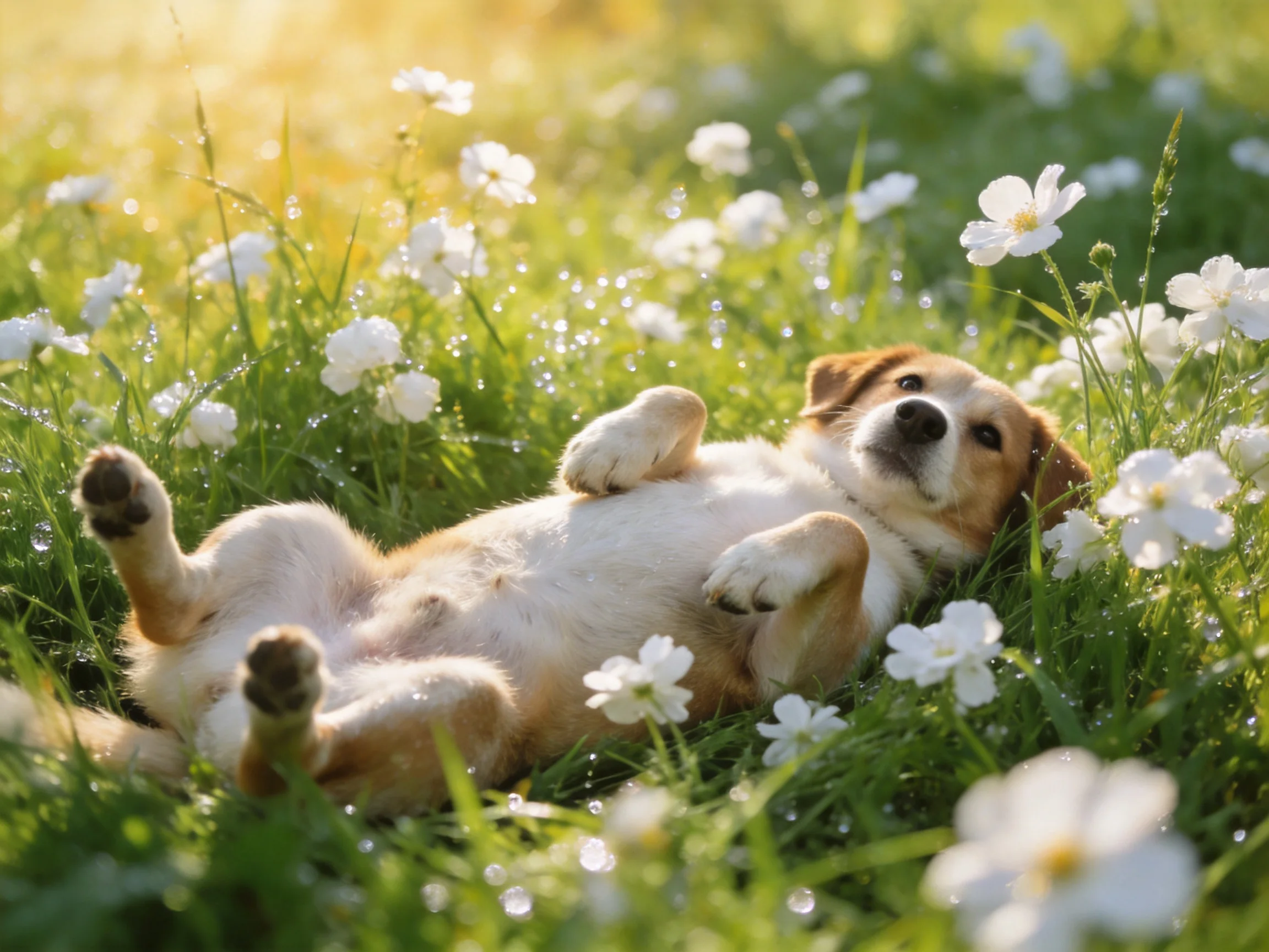 A playful puppy relaxes among white flowers and green grass