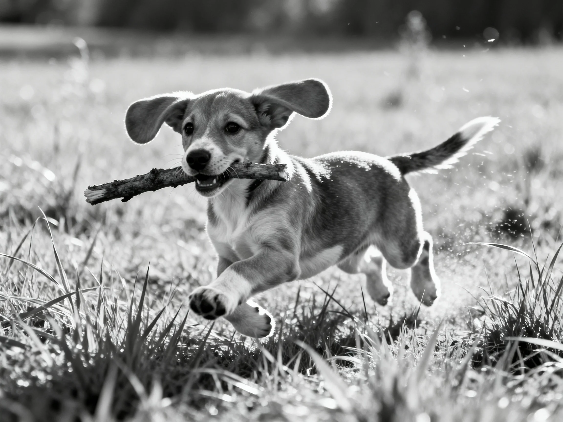 A playful puppy runs through tall grass with a thick stick