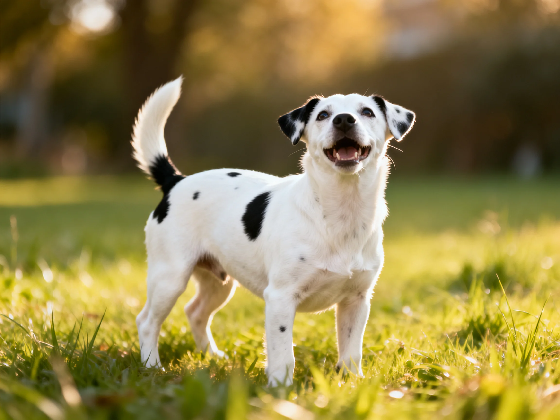 A playful spotted dog stands on sunlit green grass