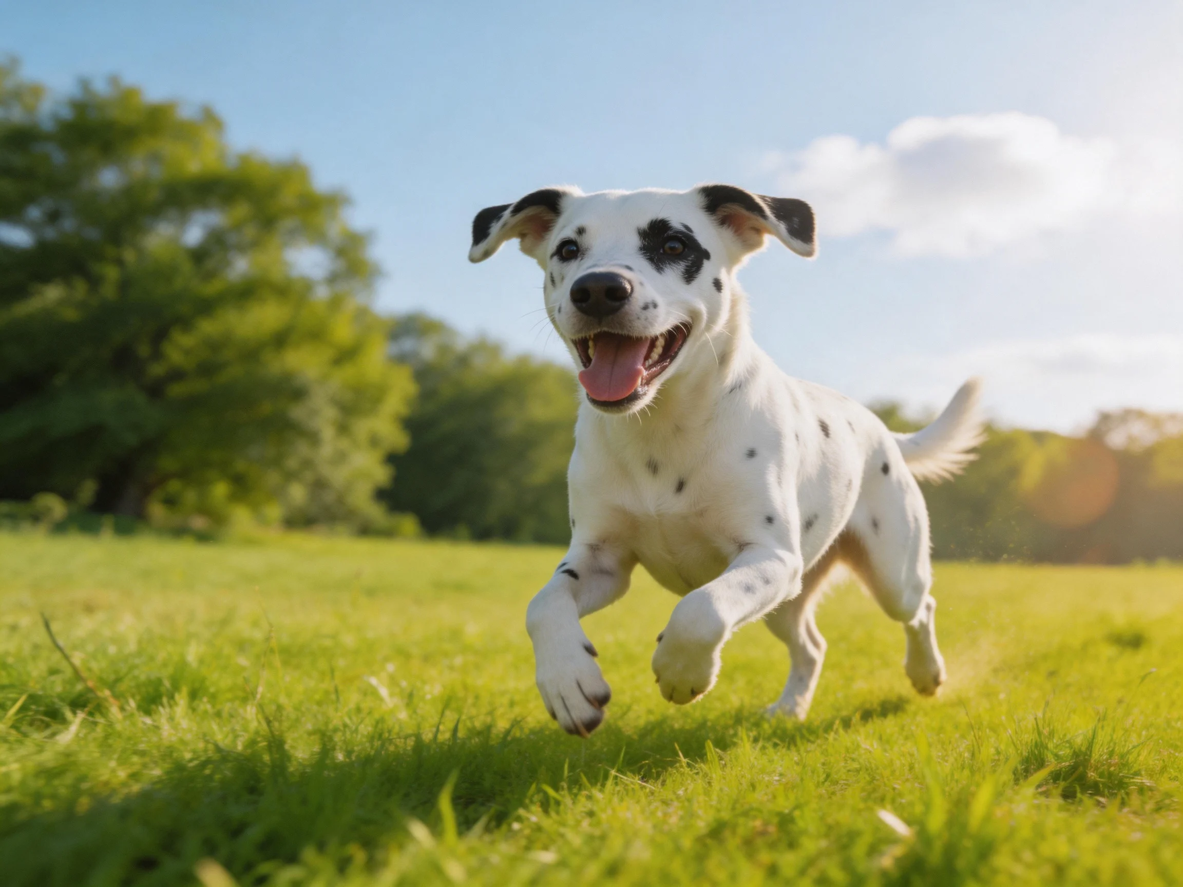 A playful spotted puppy runs joyfully through a sunlit green meadow