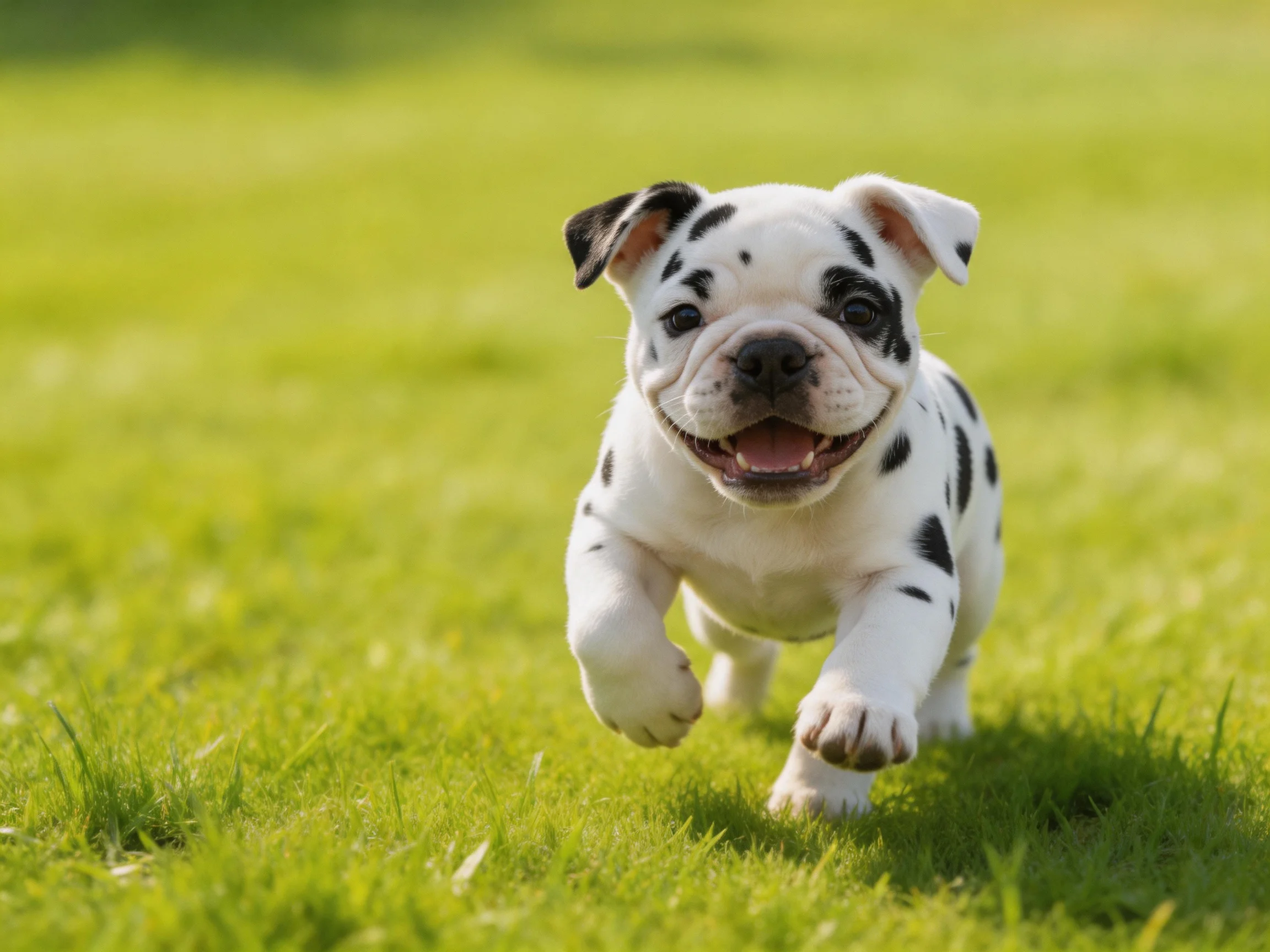 A playful spotted puppy runs on vibrant green grass