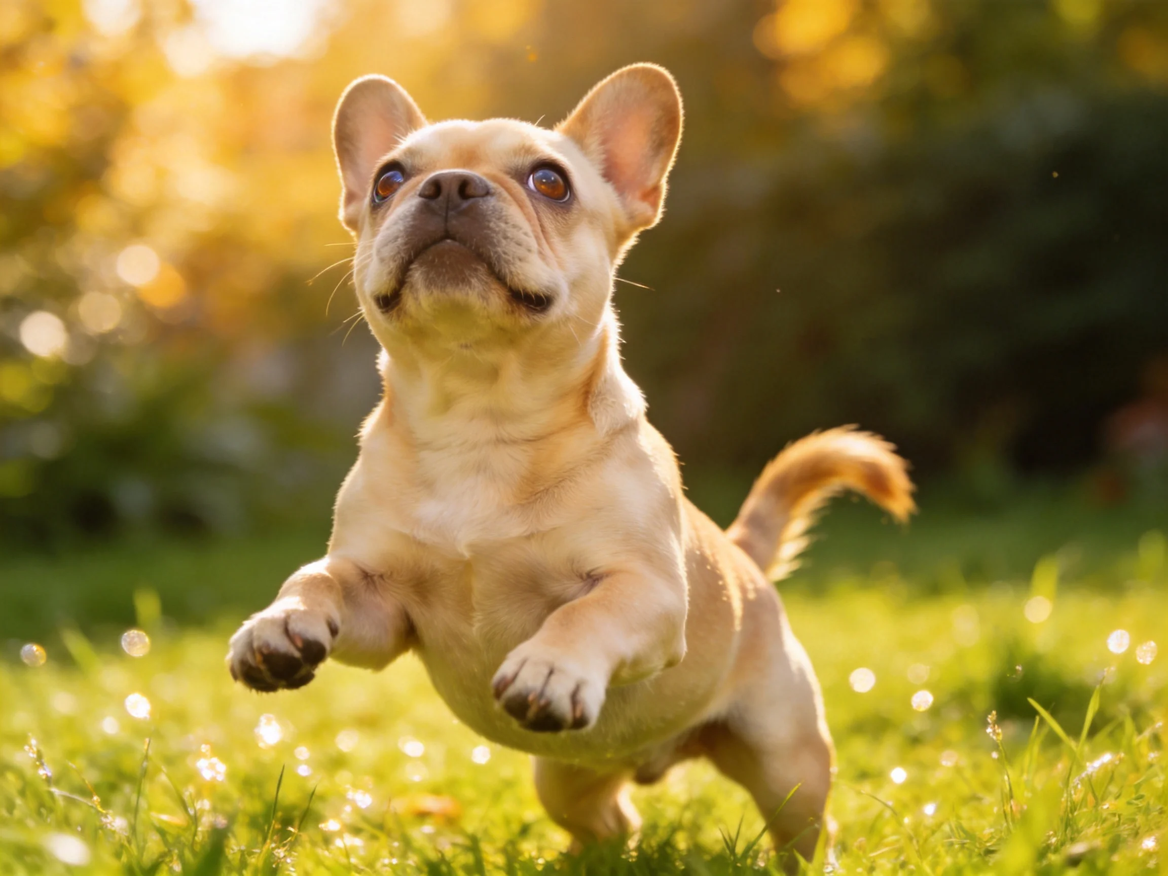 A playful tan French bulldog runs through sunlit green grass