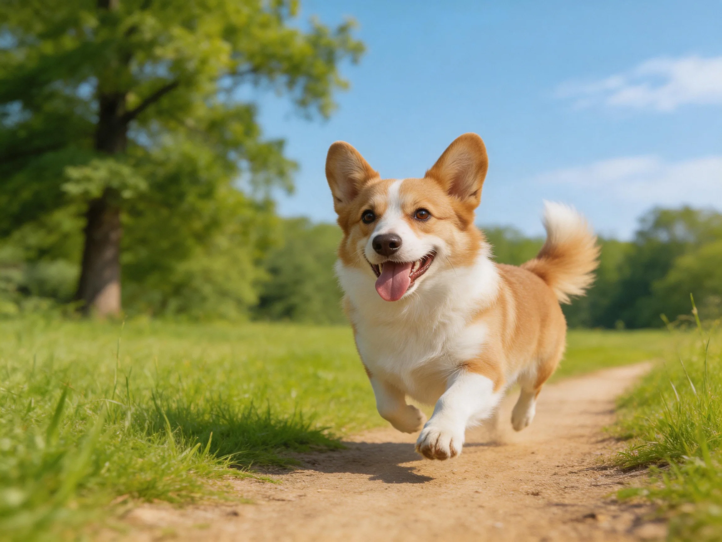 A playful tan-and-white corgi runs along a dirt path in a sunny meadow