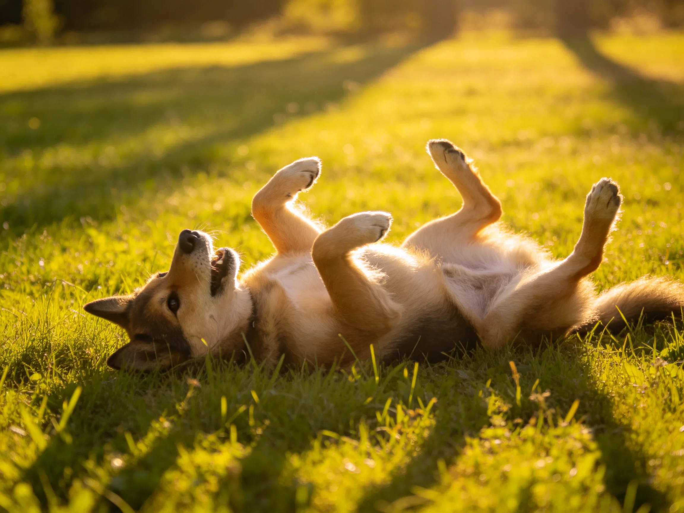 A playful tan and white dog rolls in sunlit green grass