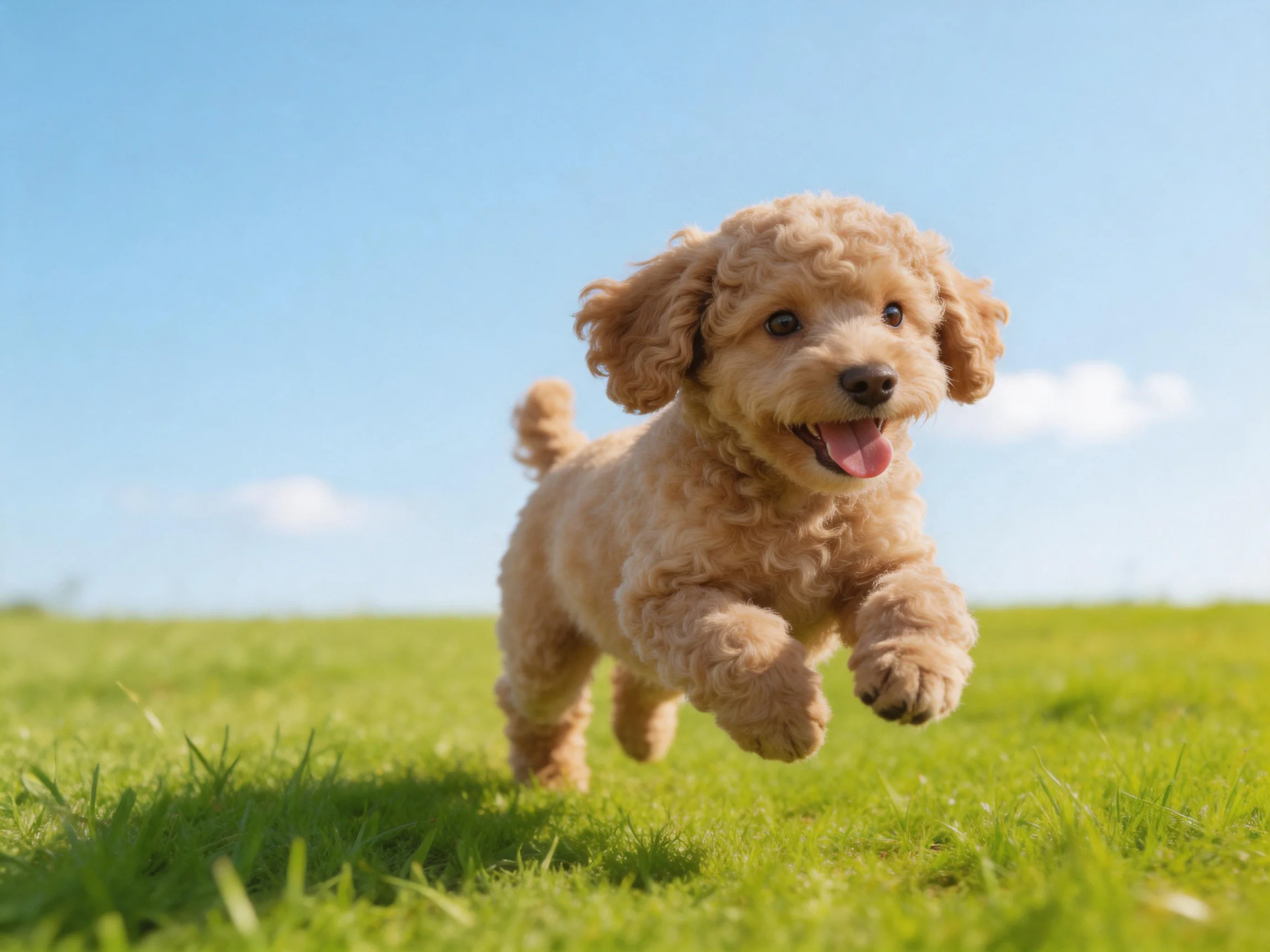 A playful tan puppy runs joyfully on a bright green meadow