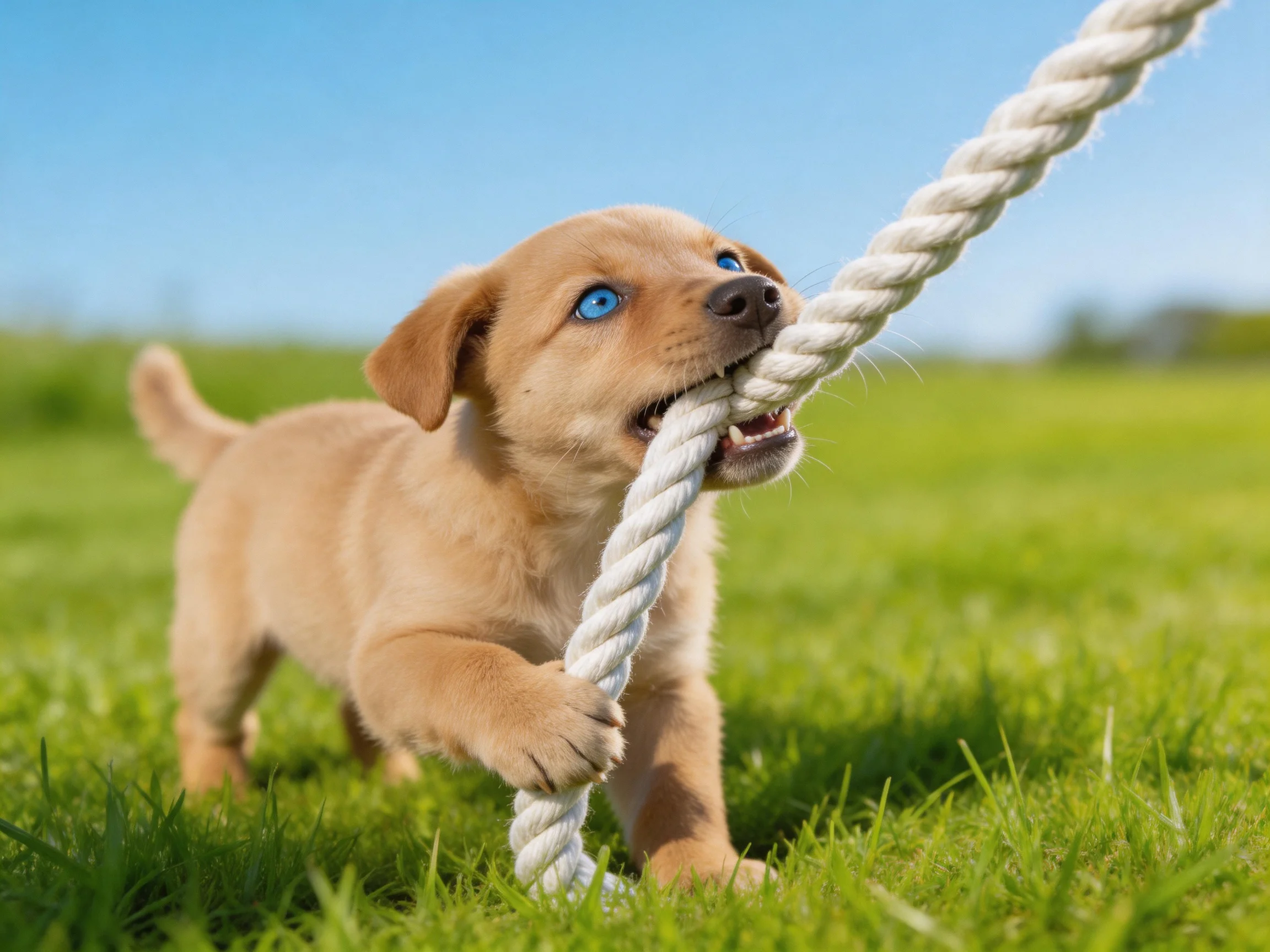 A tan puppy plays tug - of - war with a rope on a grassy field.