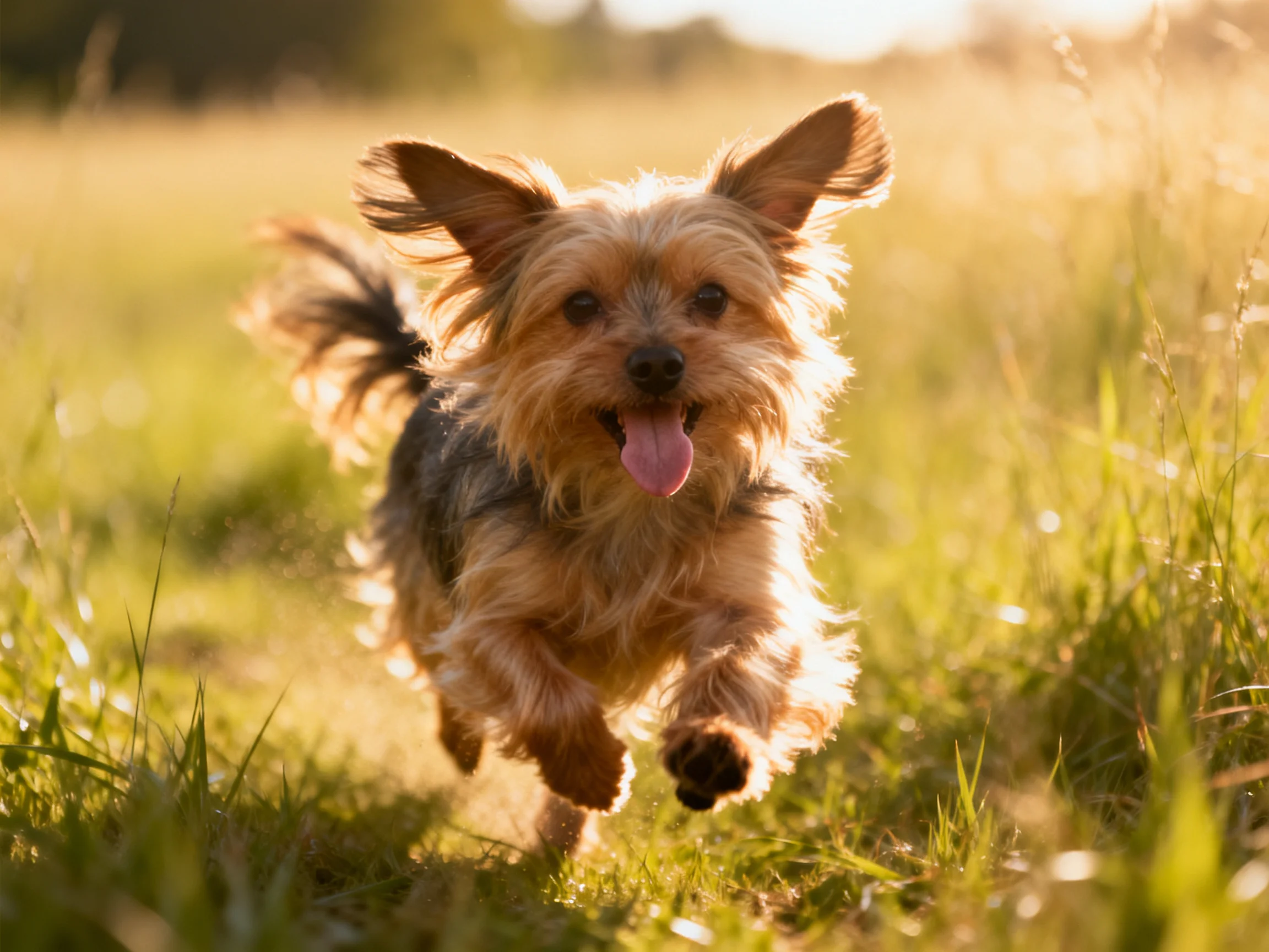 A playful terrier dashes through a sun-drenched meadow