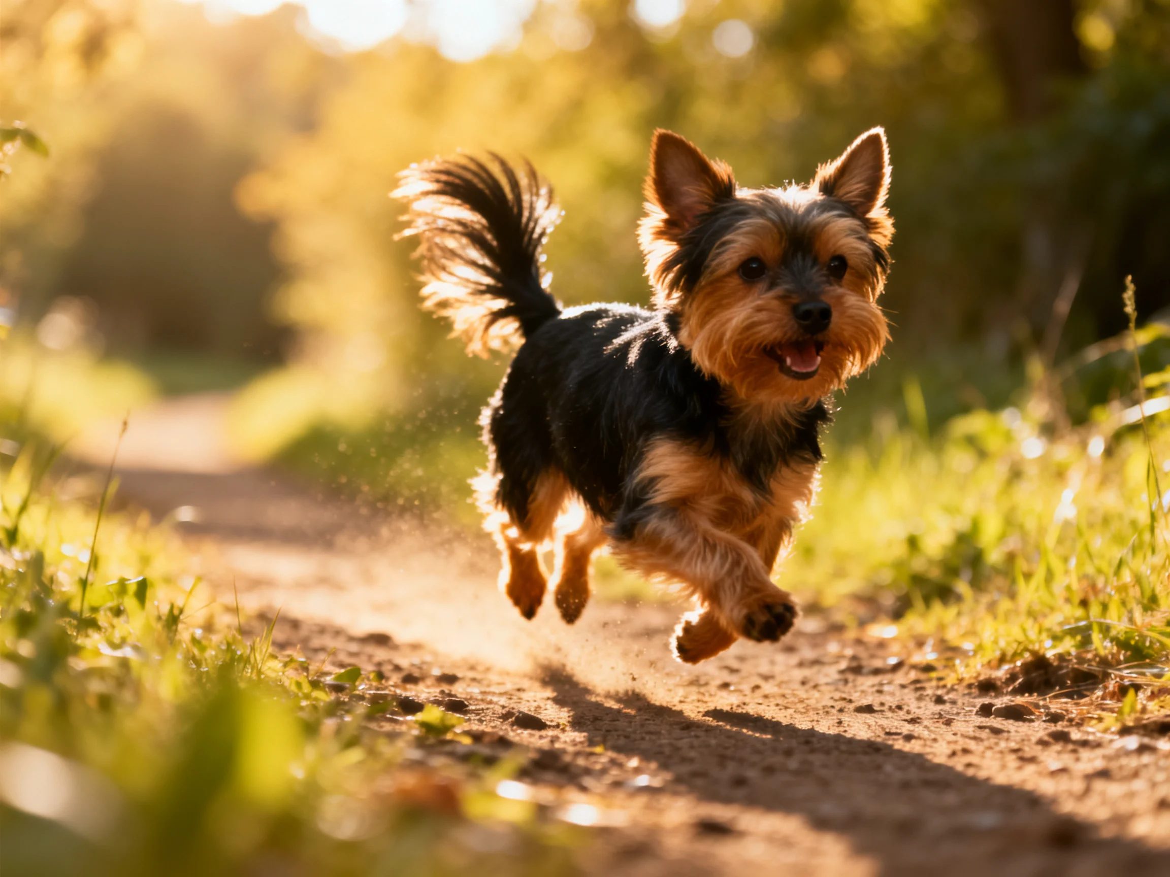 A playful terrier dog runs on a sunlit dirt trail amid lush greenery