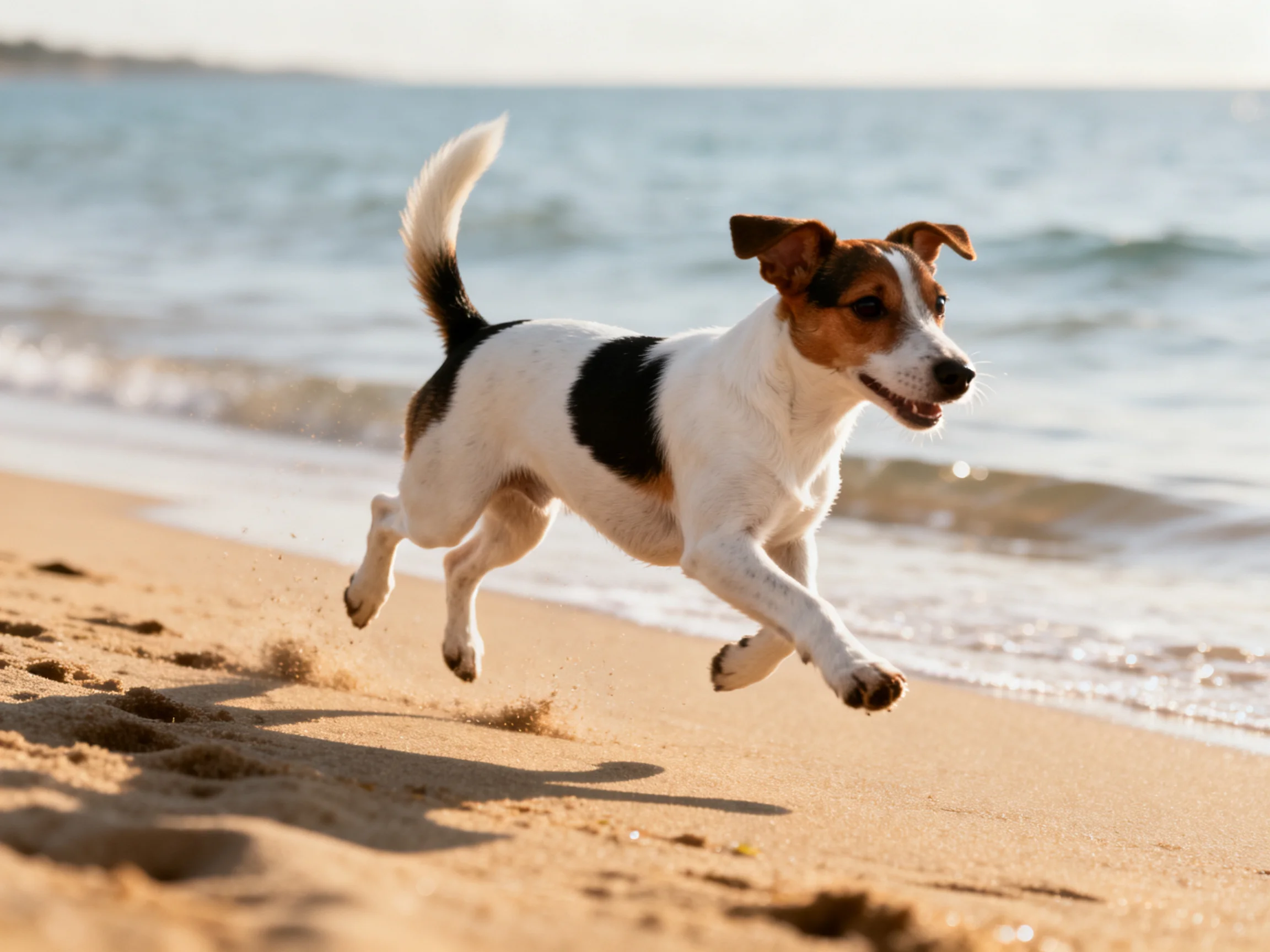 A playful tricolor dog dashes along a sunlit sandy shoreline