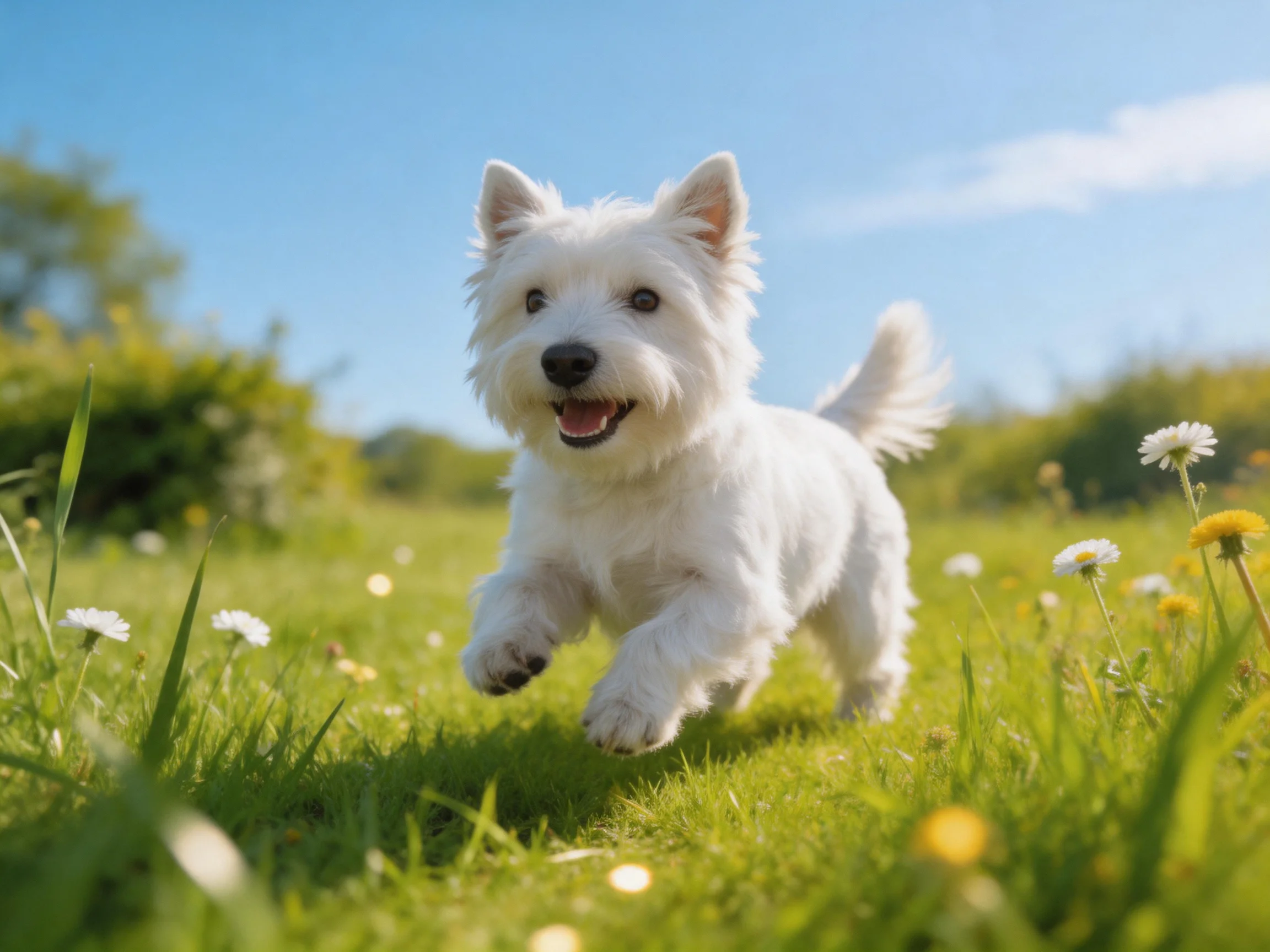 A playful white West Highland Terrier running through a sunlit meadow