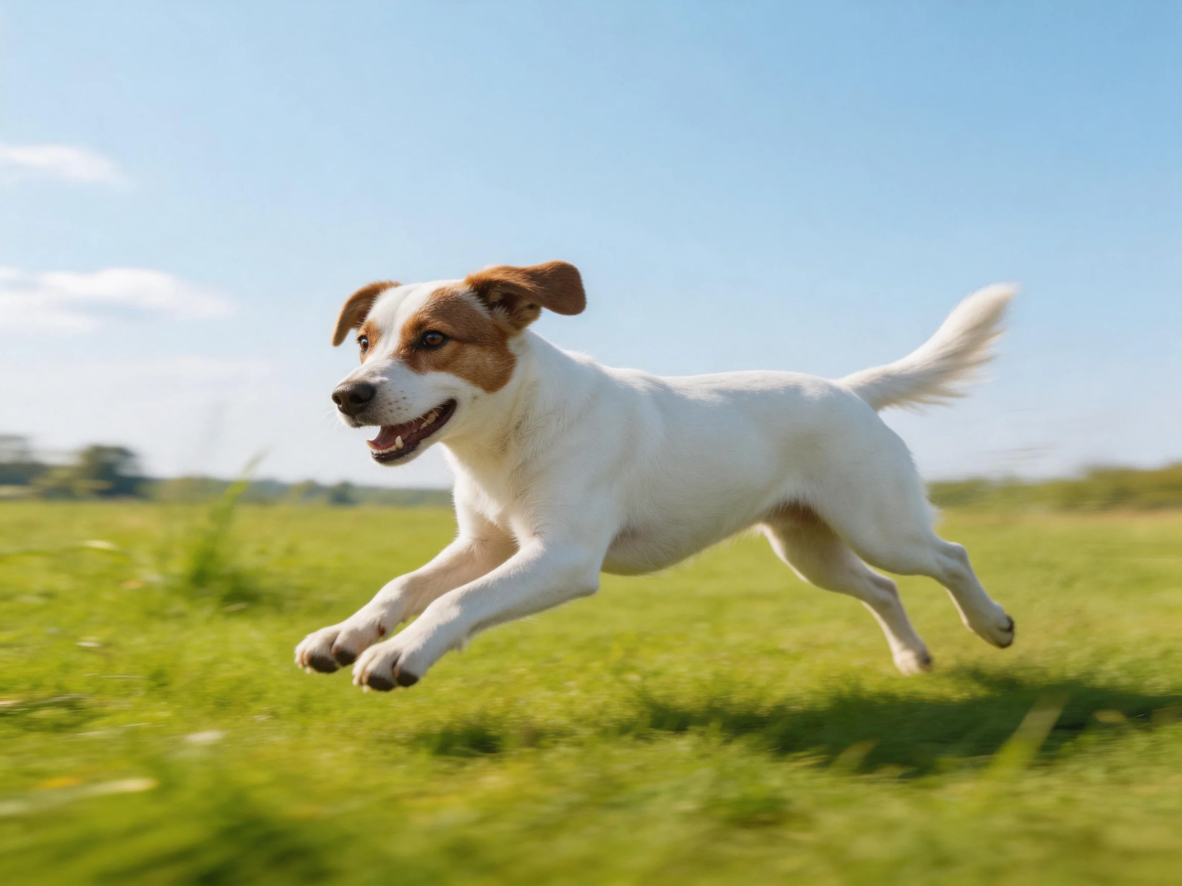 A playful white and brown dog leaps through a sunny green meadow