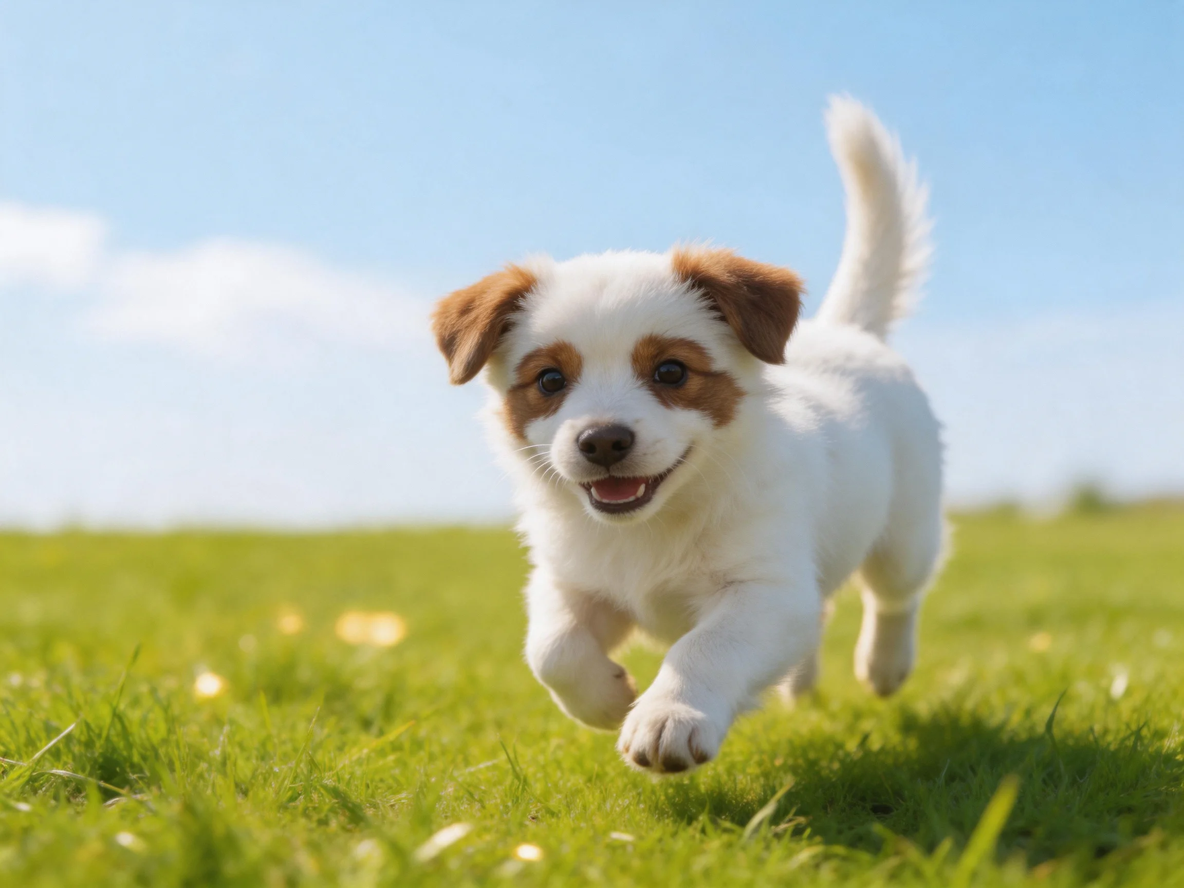 A playful white and brown puppy runs through a bright green meadow