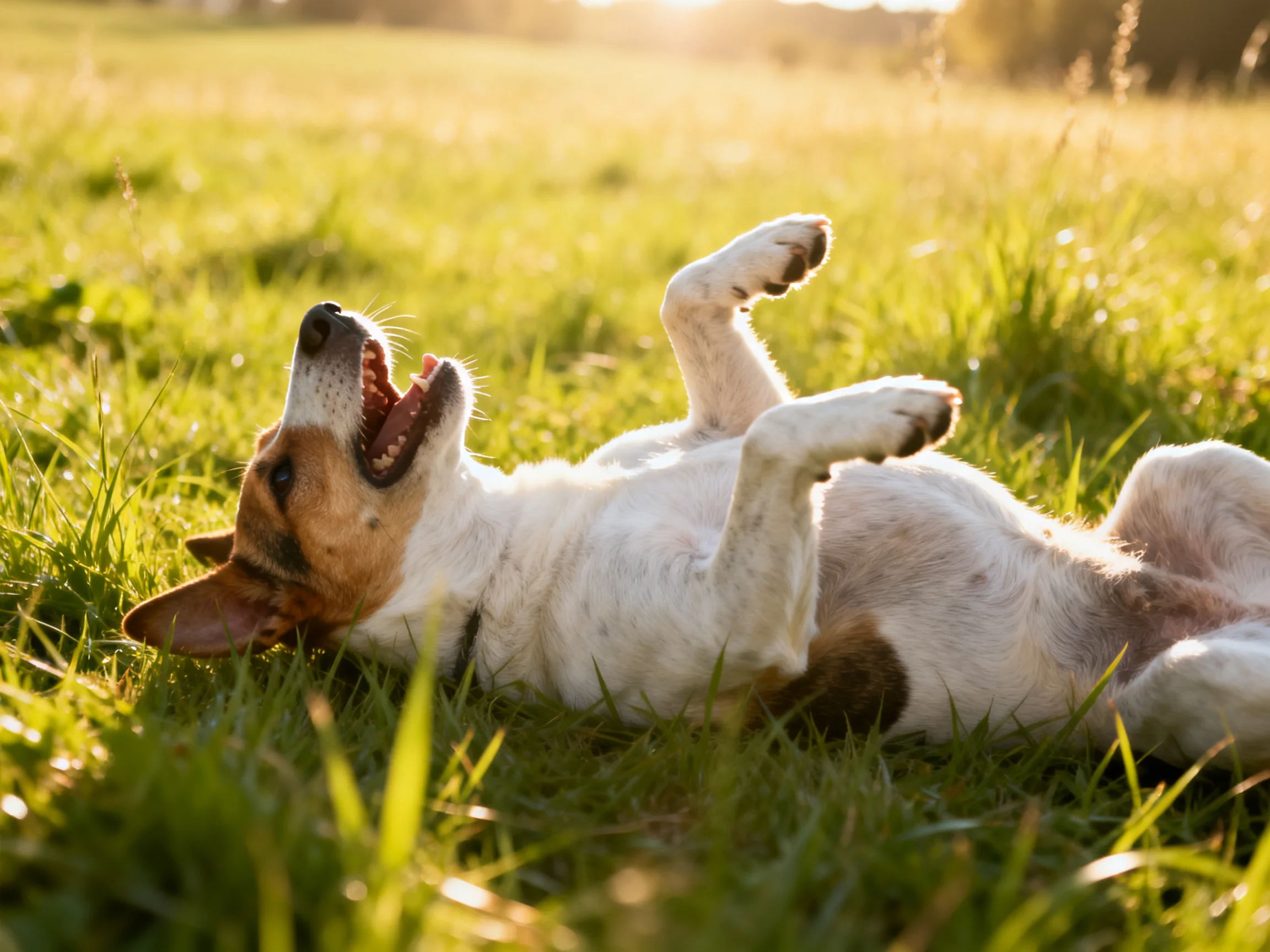 A playful white and tan dog rolls in sun-drenched green grass