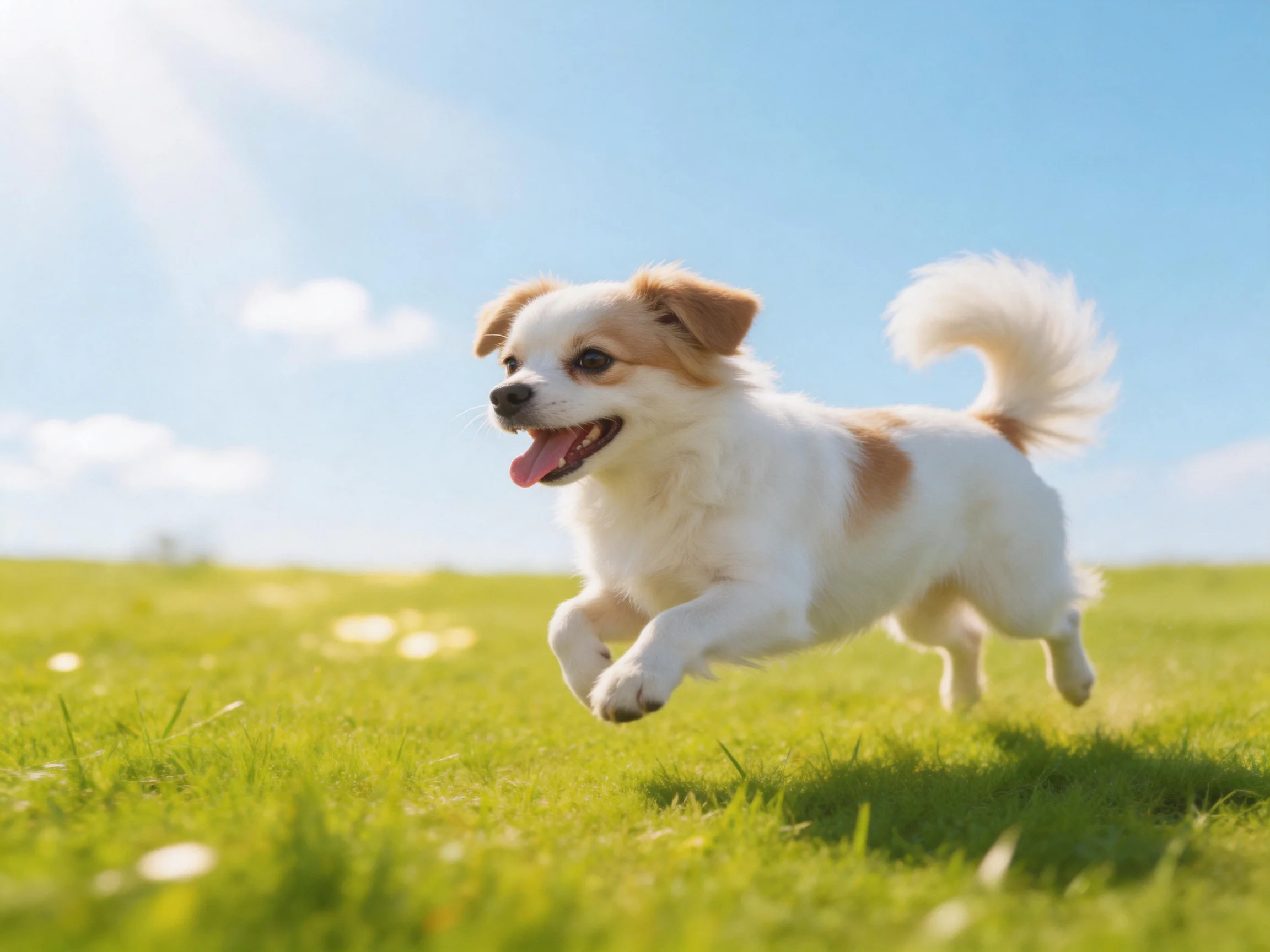 A cheerful dog runs energetically across a bright green field under clear skies.