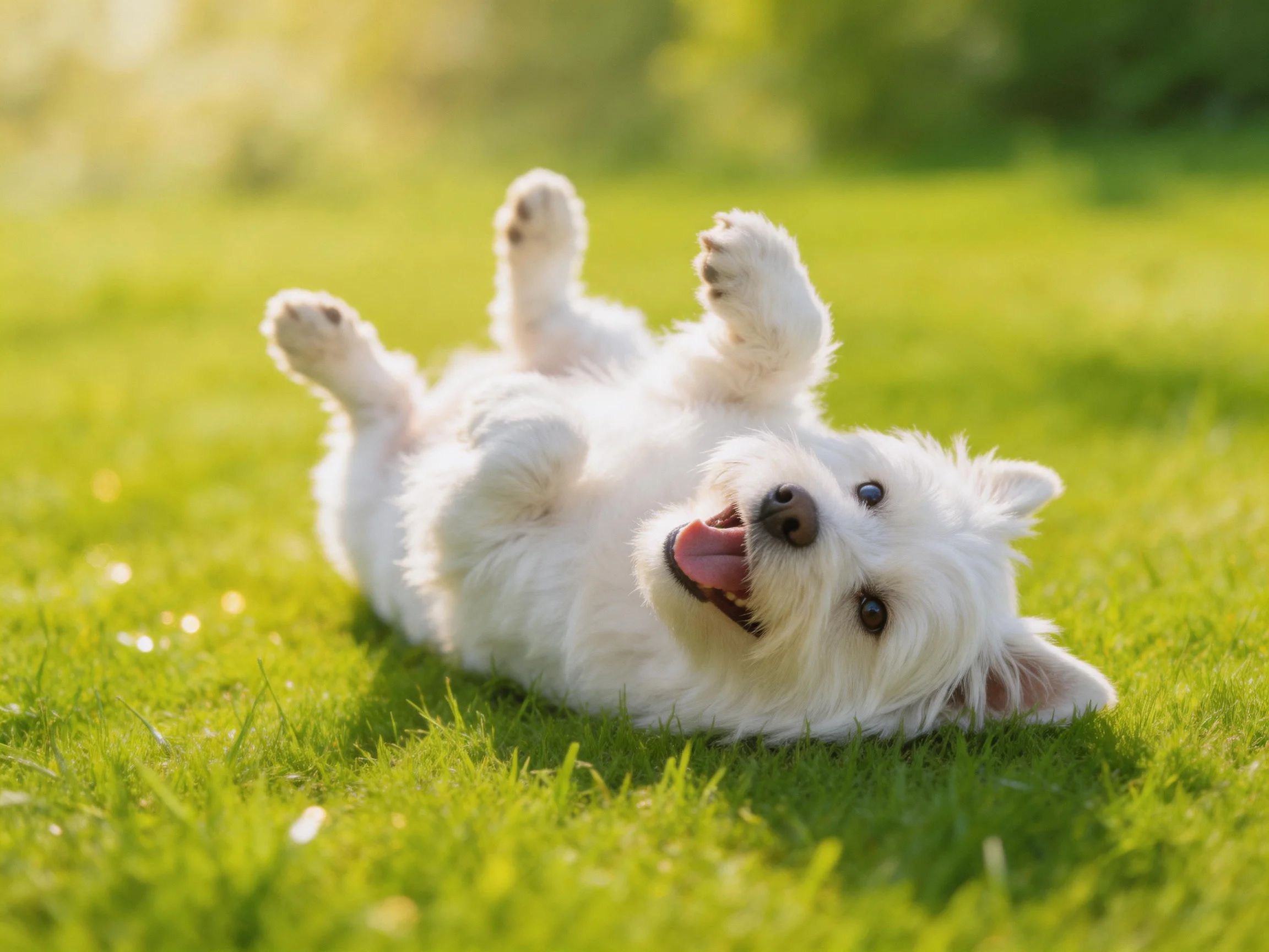 A white dog joyfully rolls on green grass in a sunlit outdoor setting.