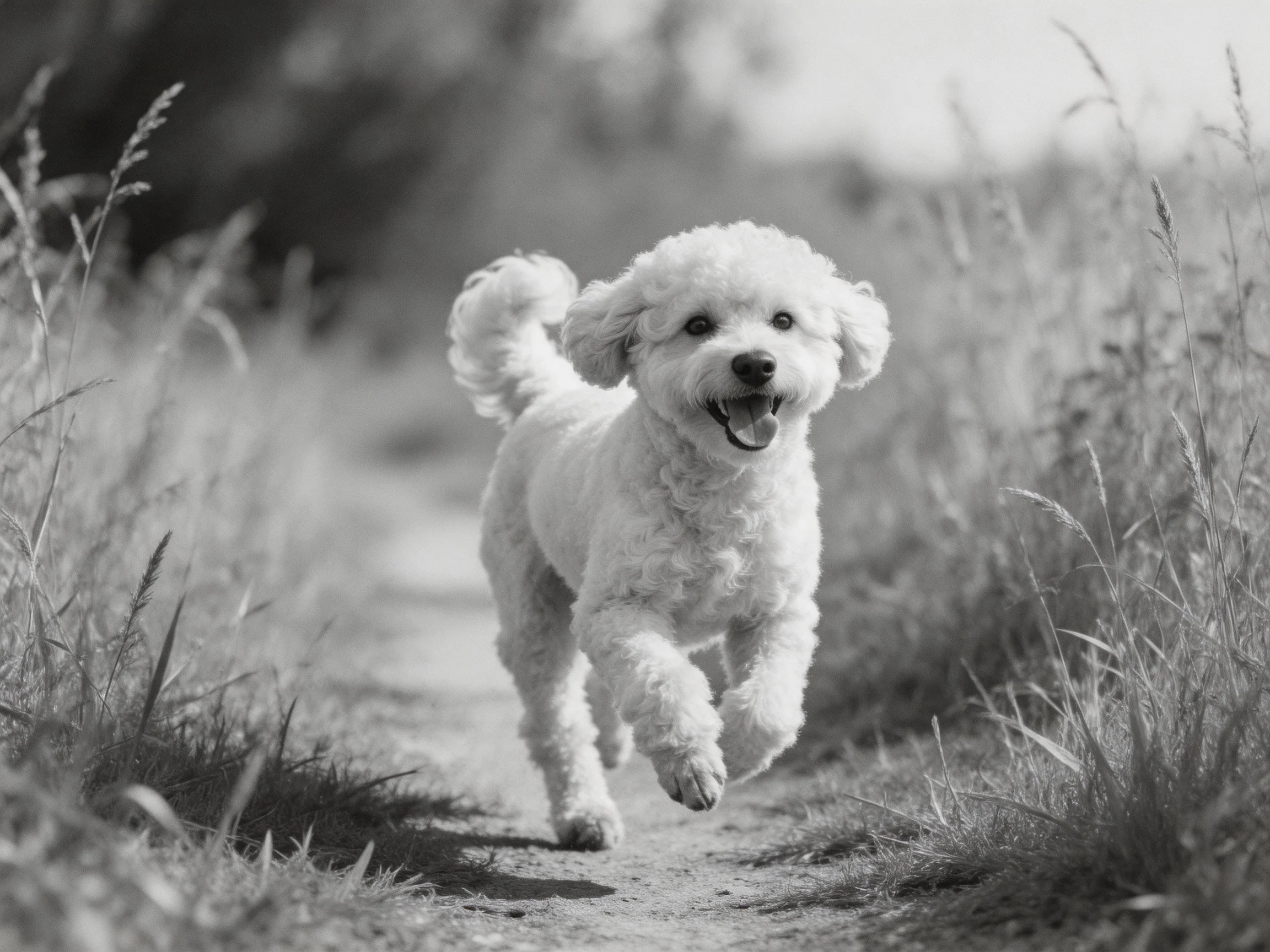 A playful white dog running along a dirt path bordered by tall grass