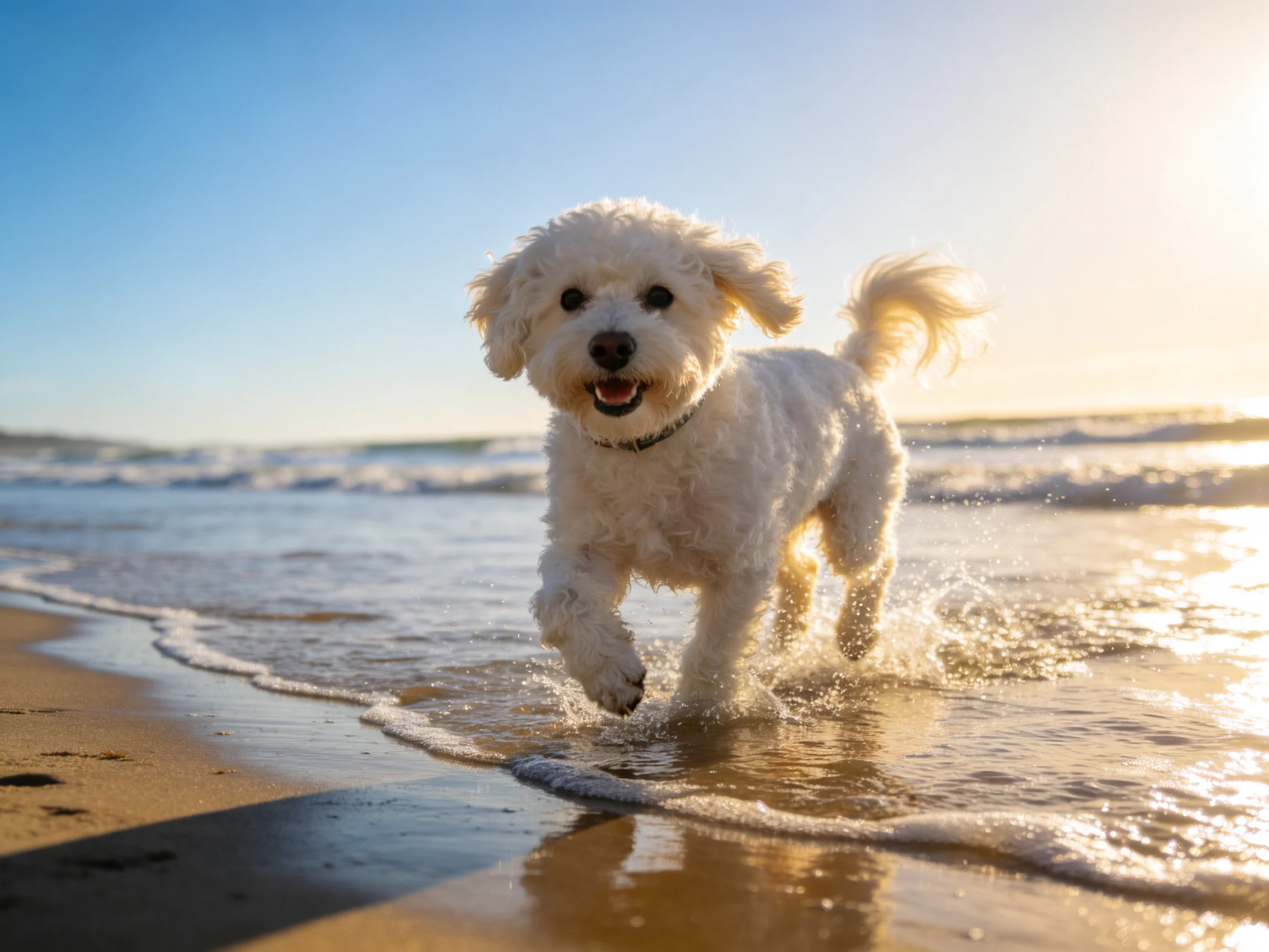 A playful white dog running along a sandy shoreline with ocean waves