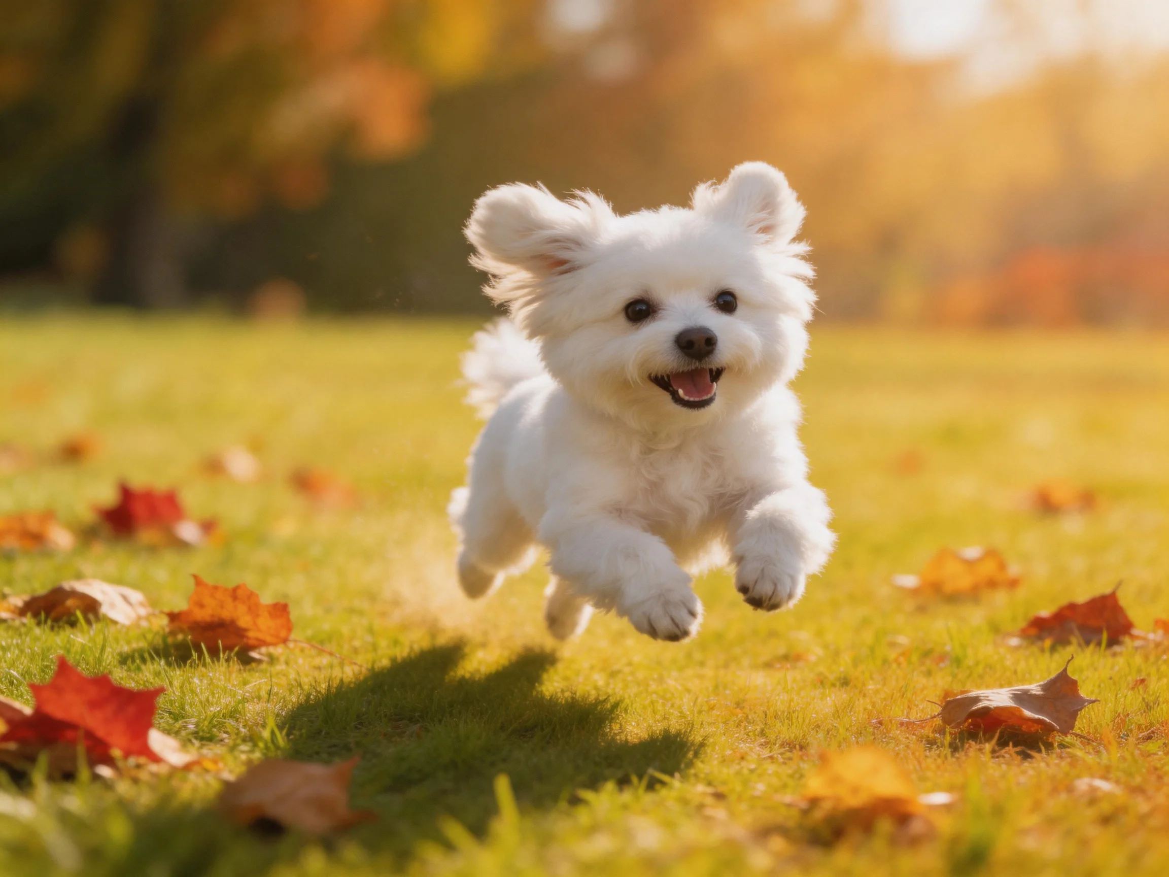 A playful white dog running through an autumn field with fallen leaves