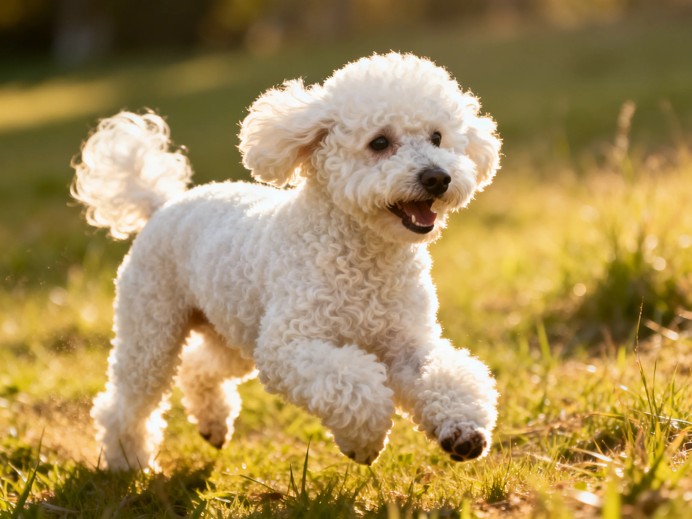 A playful white poodle running through sunlit green grass